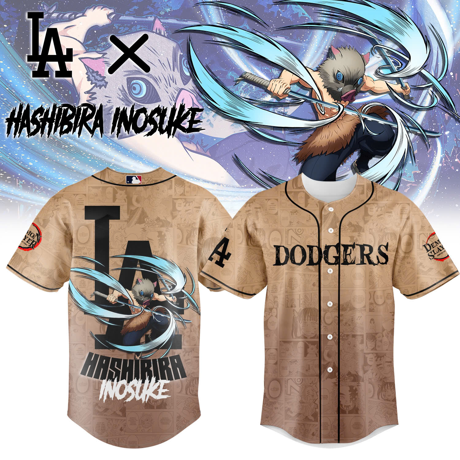 La Dodgers X Demon Slayer Inosuke Hashibirai Jersey Gift for Baseball Fans