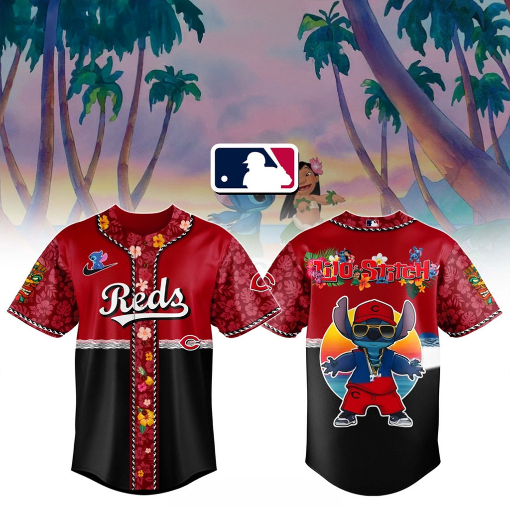 Lilo And Stitch x Reds MLB All Team Floral Jersey Reds Merch Best Gifts For Baseball Fans