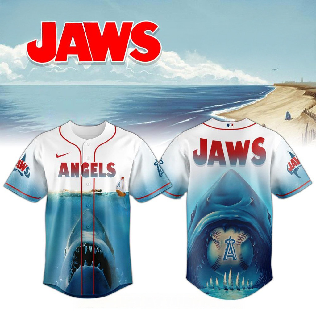 Los Angeles Angels X Jaws 50Th Anniversary Jersey 2025 Los Angeles Angels Merch For Fans