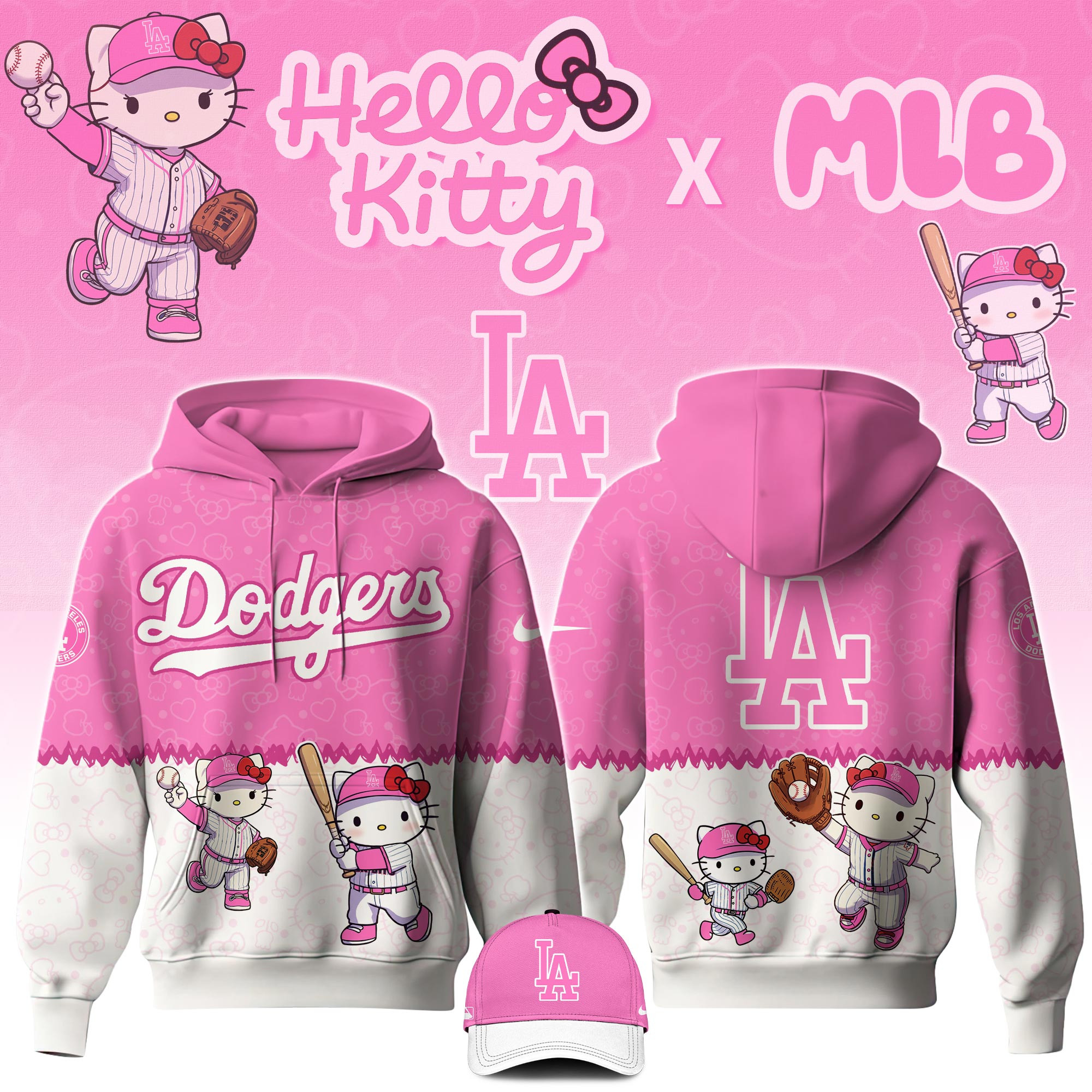 Los Angeles Dodgers Mlb X Hello Kitty Night Game Hoodie 2025 Fan Merch