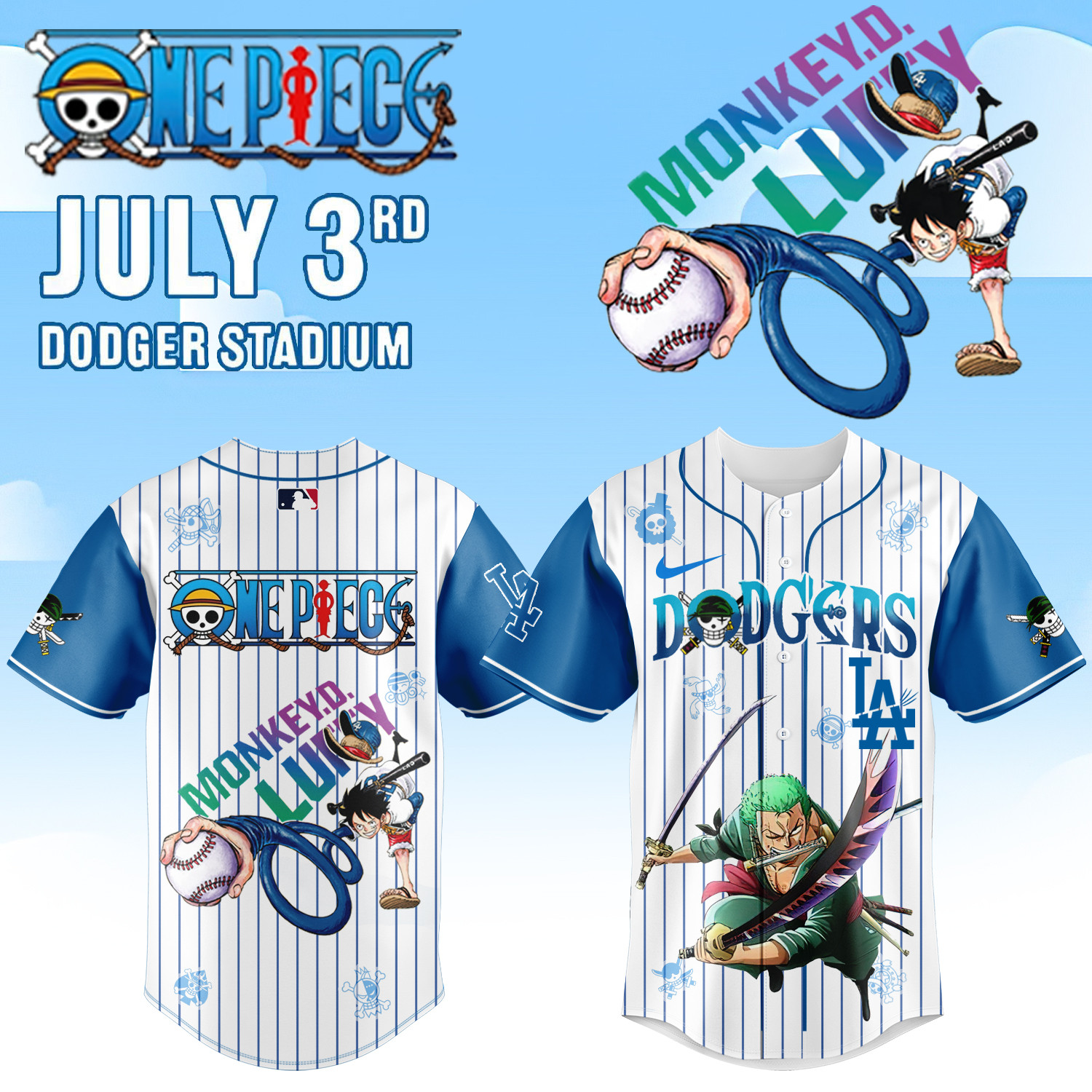 Los Angeles Dodgers One Piece Night Zoro Jersey 2025 Special Event Jersey Gift for Anime Fans