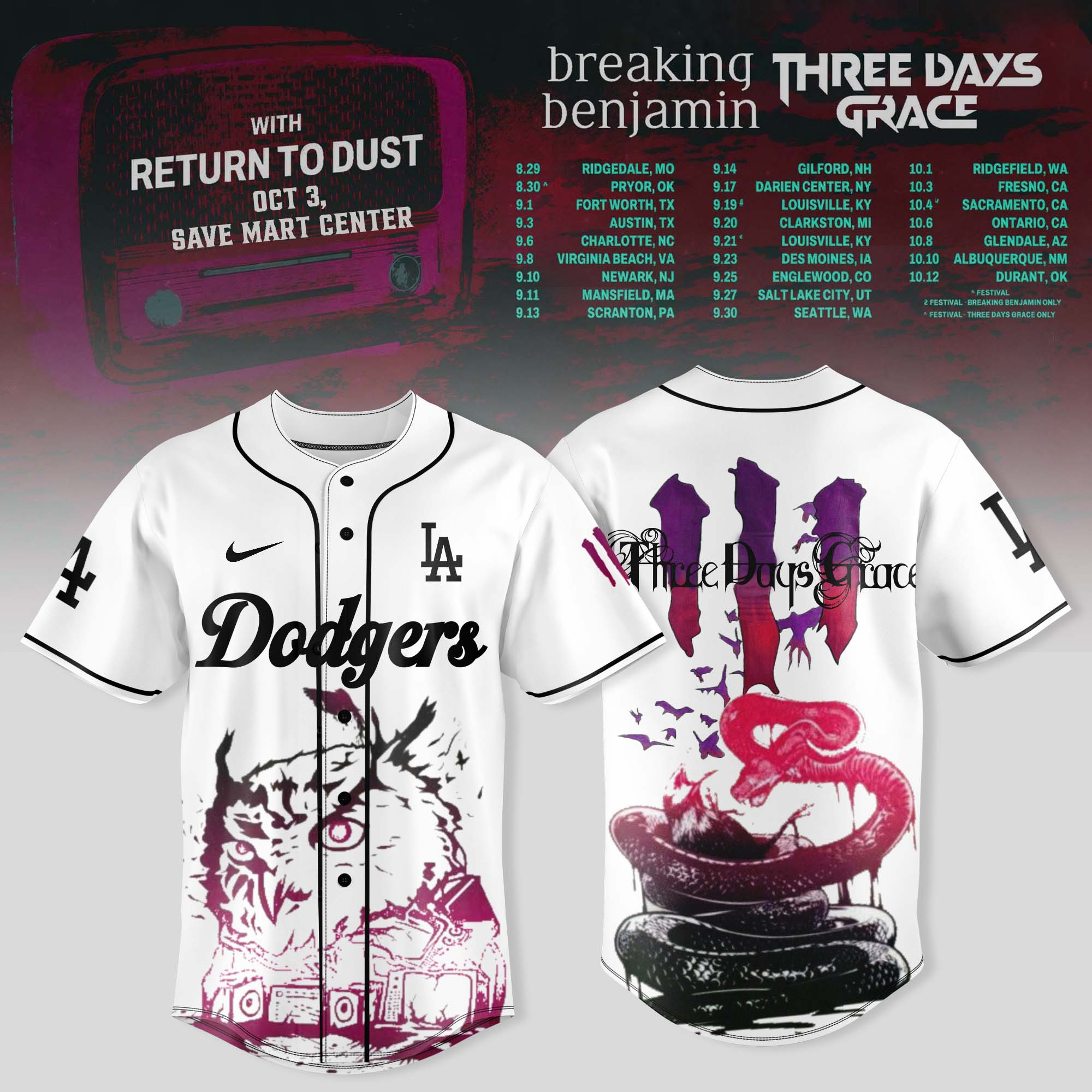 Los Angeles Dodgers X Breaking Benjamin Jersey Three Days Grace Tour 2025 Best Gift