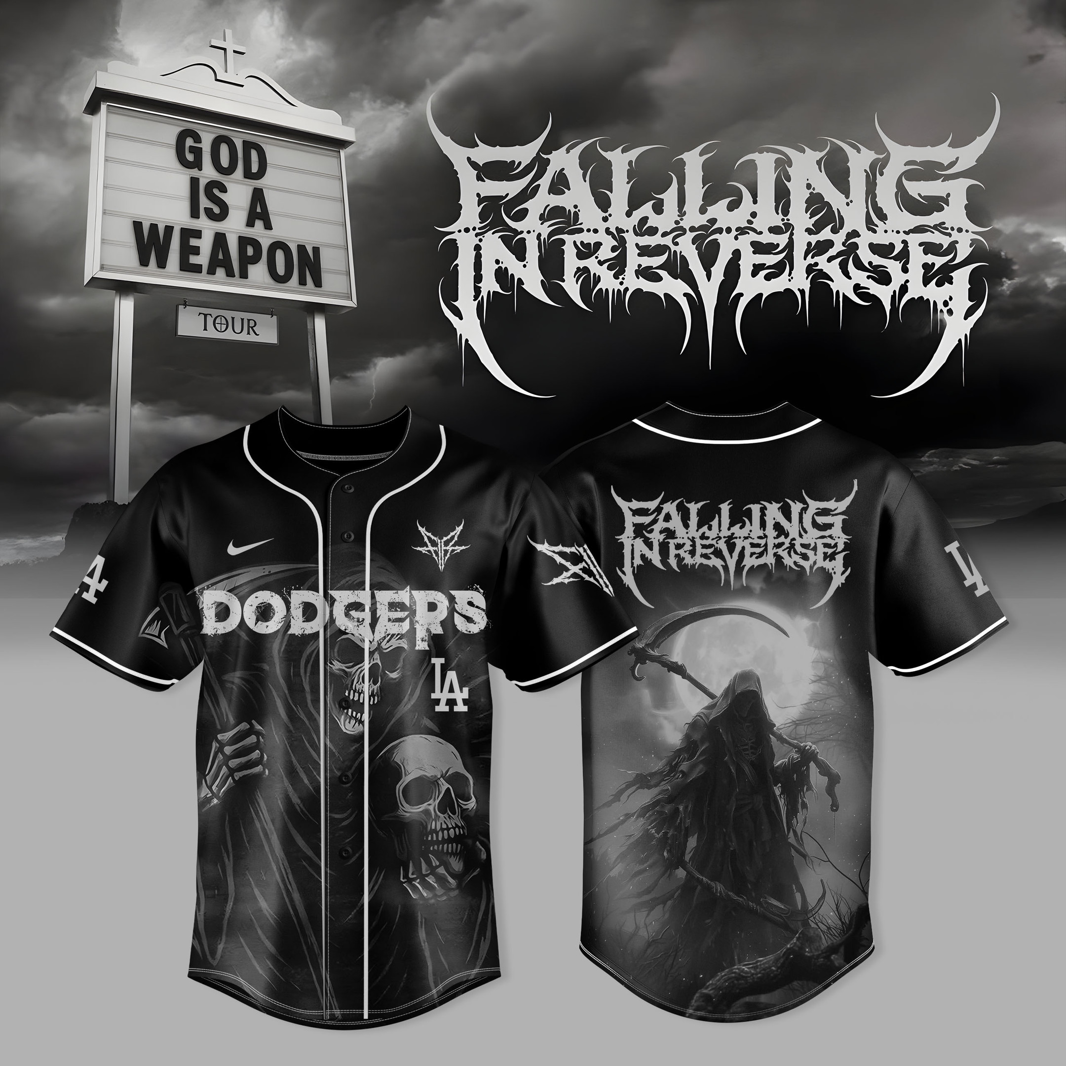 Los Angeles Dodgers X Falling In Reverse Jersey God Is A Weapon Tour 2025 Best Fans Gift