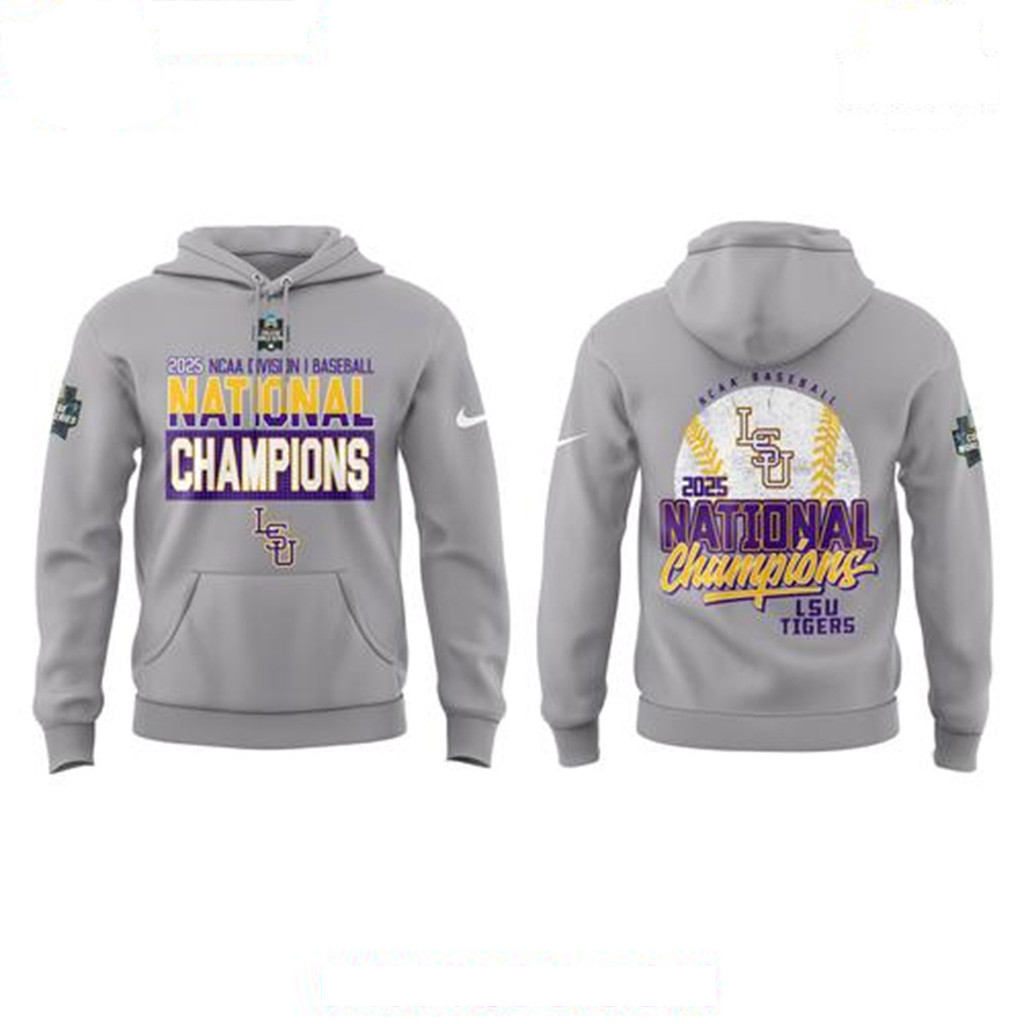 LSU Tigers 2025 NCAA Baseball National Champions Gray Hoodie LSU Tigers Merch Him Gifts