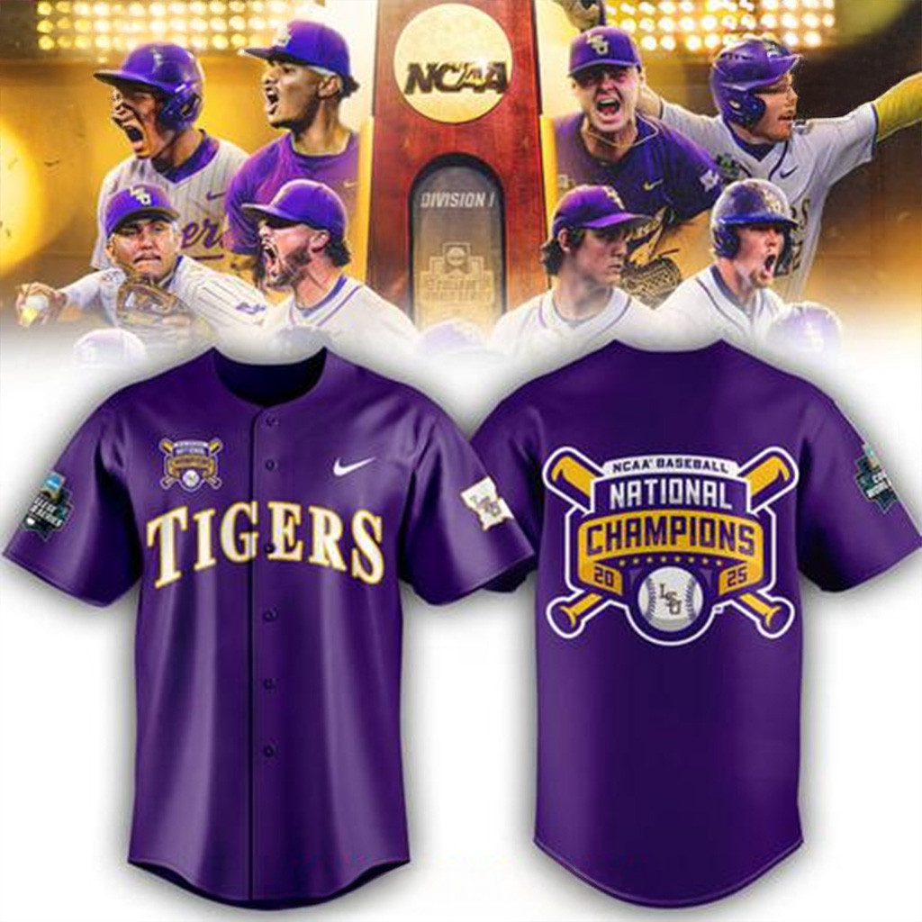 LSU Tigers 2025 NCAA Baseball National Champions Purple Baseball Jersey LSU Tigers Merch
