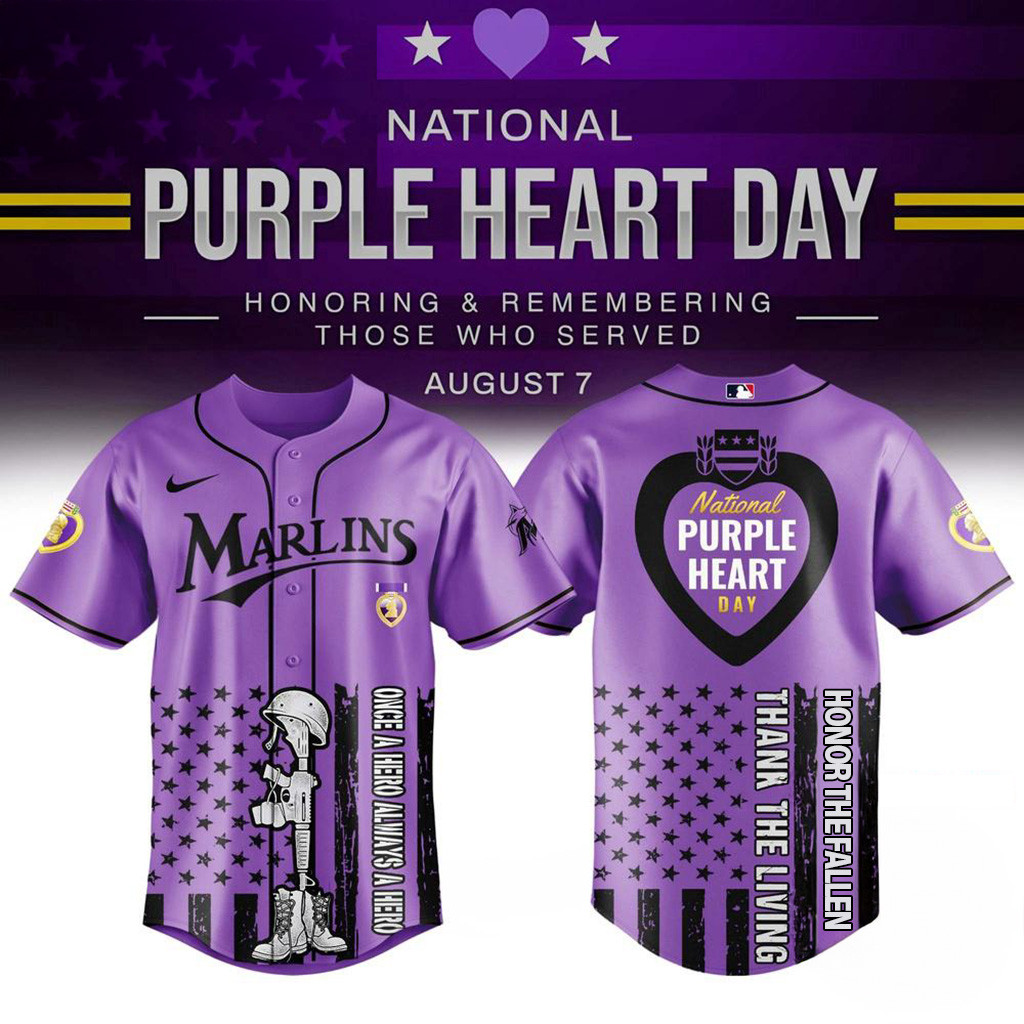 Miami Marlins Purple Heart Day Baseball Jersey Miami Marlins Merch Baseball Team Gift Ideas