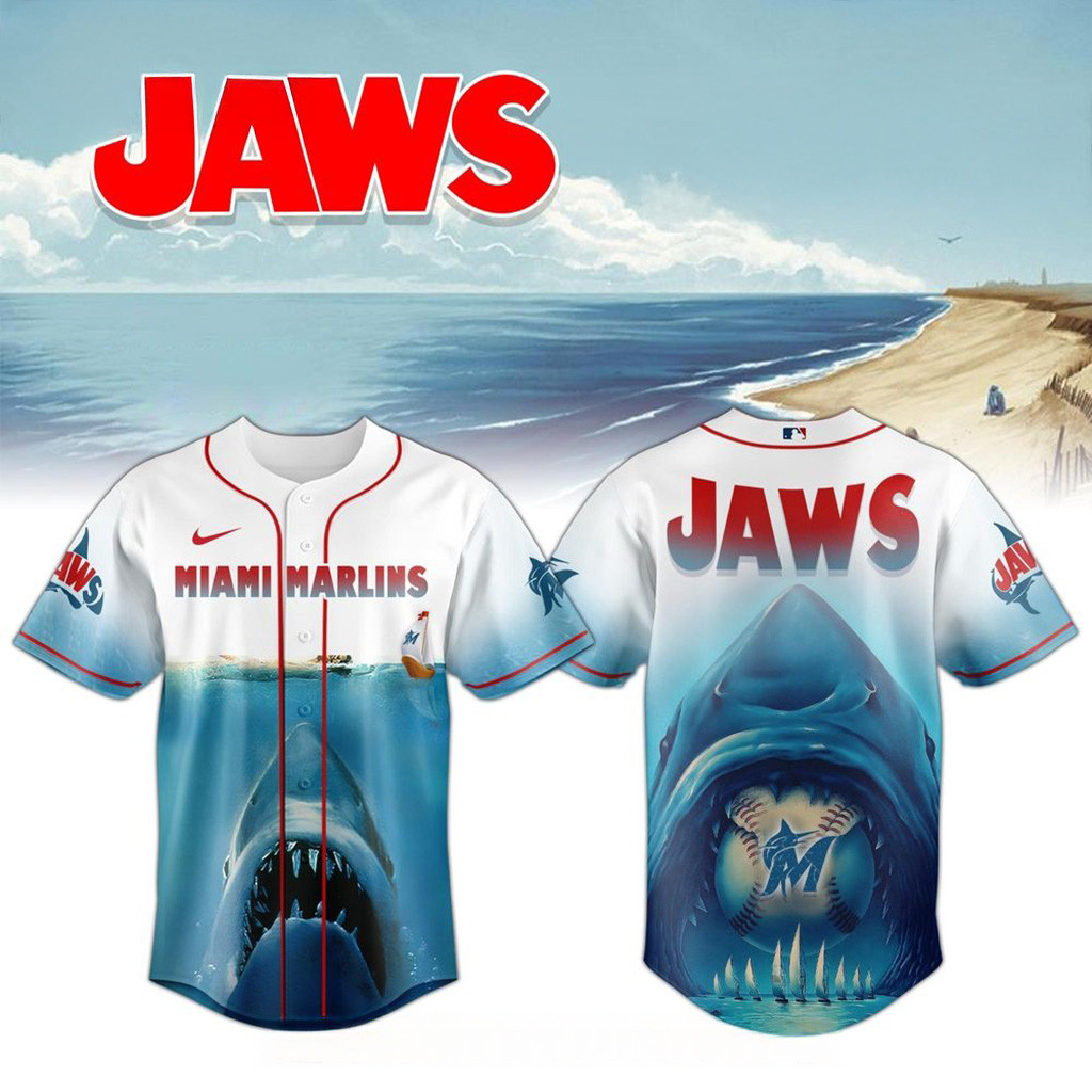 Miami Marlins X Jaws 50Th Anniversary Jersey 2025 Miami Marlins Merch Husband Gifts