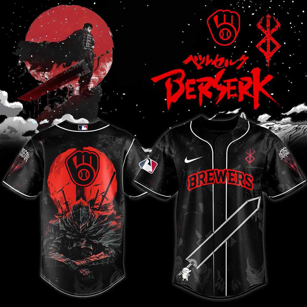 Milwaukee Brewers MLB X Berserk Baseball Jersey Milwaukee Brewers Merch Husband Gifts