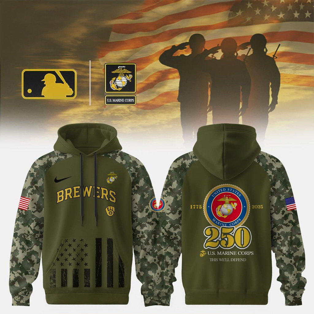 Milwaukee Brewers X Us Marine Corps 250th Anniversary Hoodie Milwaukee Brewers Merch