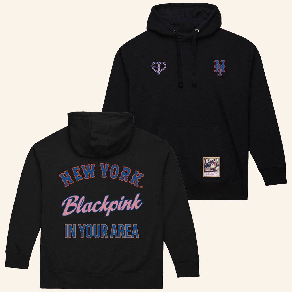 MLB Black Pink Merch New York Mets Mitchell And Ness x BLACKPINK Black Hoodie Gifts For Fans