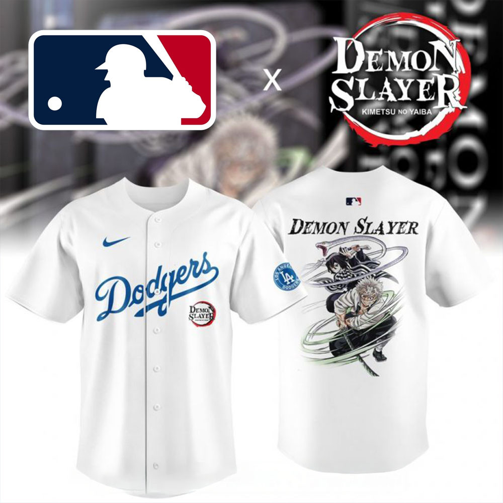 MLB Collab Demon Slayer x Los Angeles Dodgers Baseball Jersey Fathers Day Gifts For Husband