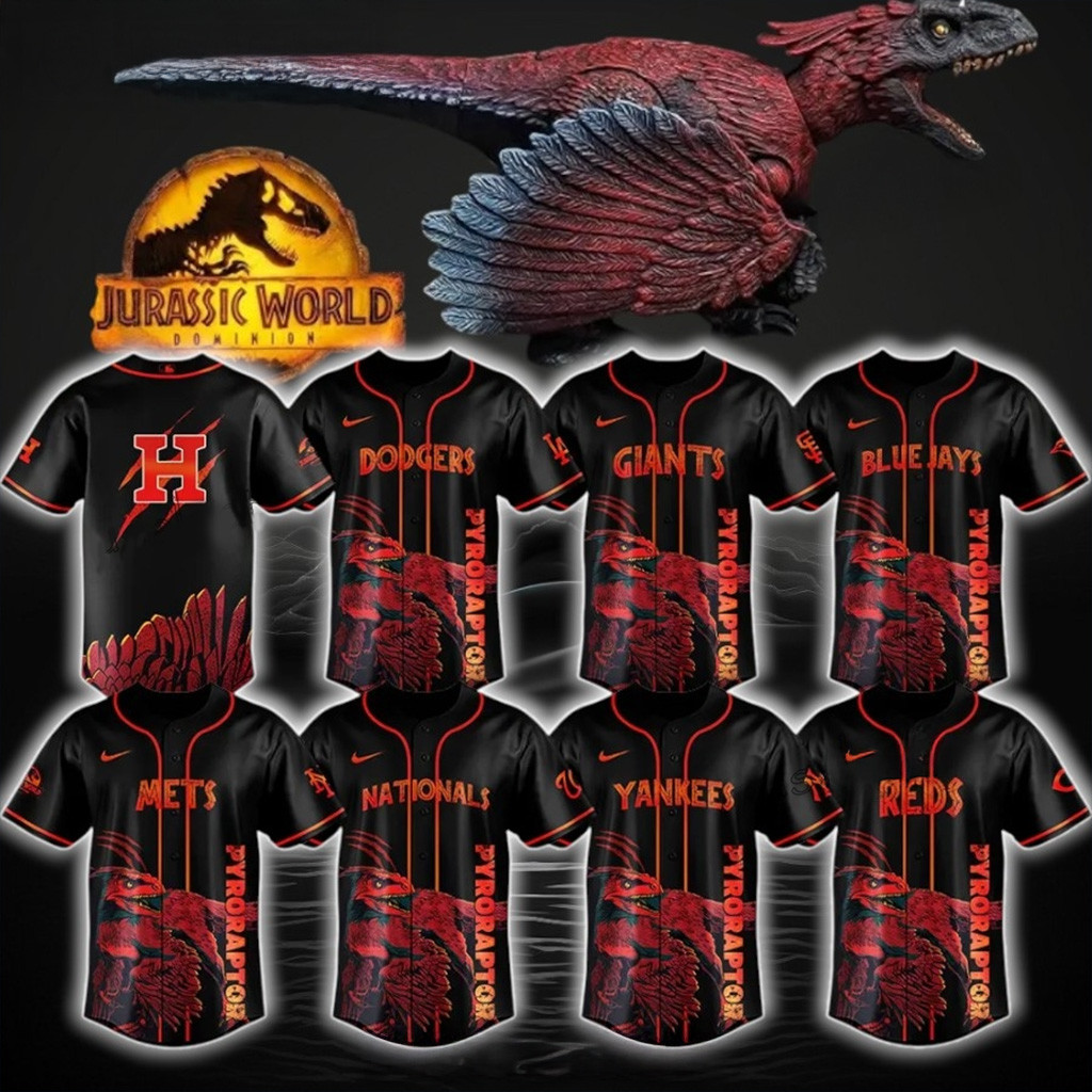 MLB Team Jurassic World Pyroraptor Jersey MLB Merch Baseball Player Gift Ideas