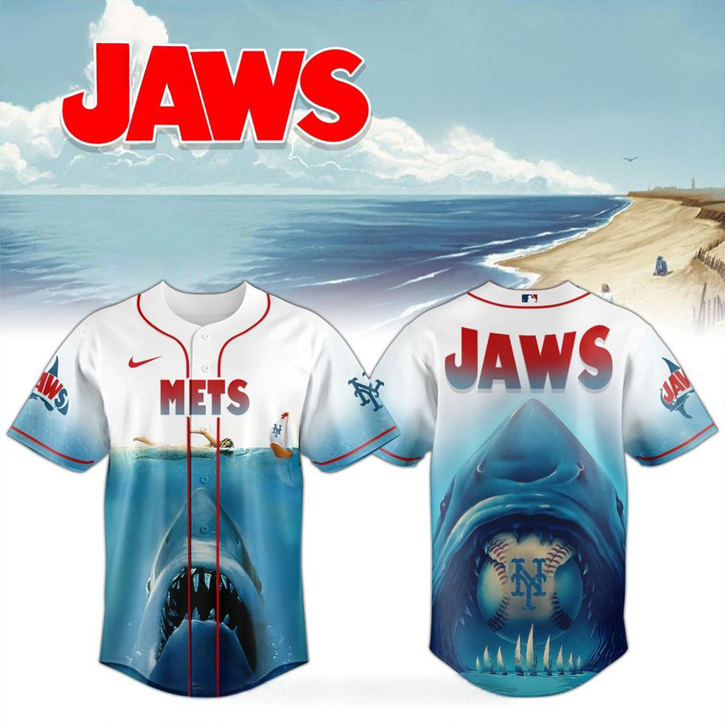 New York Mets MLB x JAWS 50th Anniversary Jersey 2025 New York Mets Merch For Fans