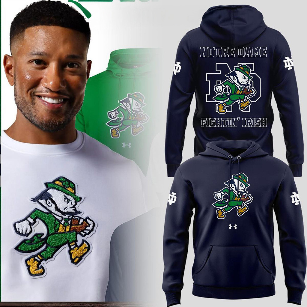 Notre Dame Fighting Irish Leprechaun New Logo Navy Hoodie Fan Merch Football Fan Gifts