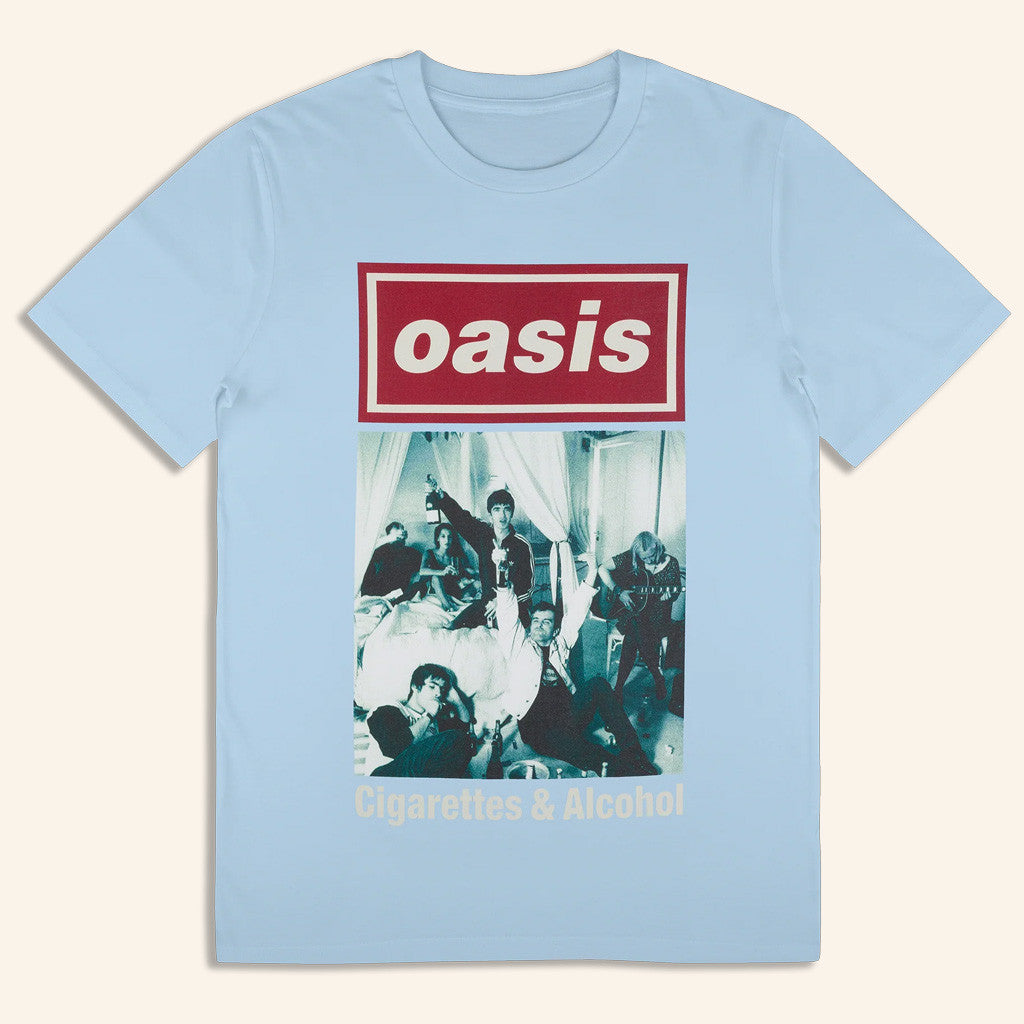 Oasis Merch 2025 Live 25 Cigarettes And Alcohol Cover T-Shirt Light Blue Gift Ideas For Her