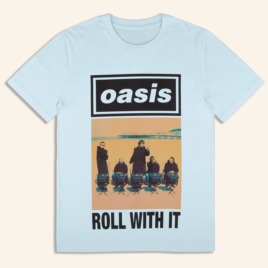 Oasis Merch 2025 Live 25 Roll With It Cover T-Shirt Light Blue Best Gifts For Wife