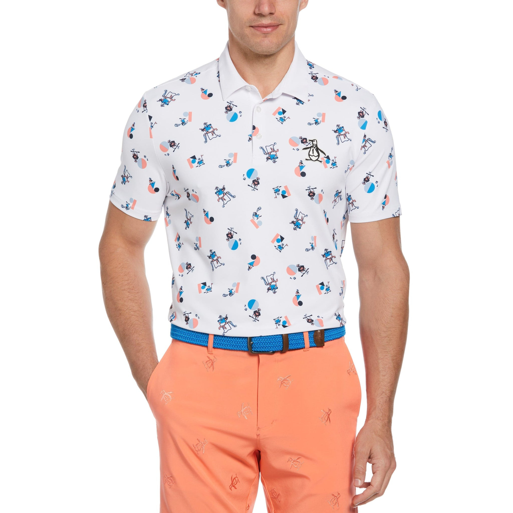 Original Penguin Polo Shirt Penguin Logo Golf Shirt Memphis Pete Print Golf Polo Bright White