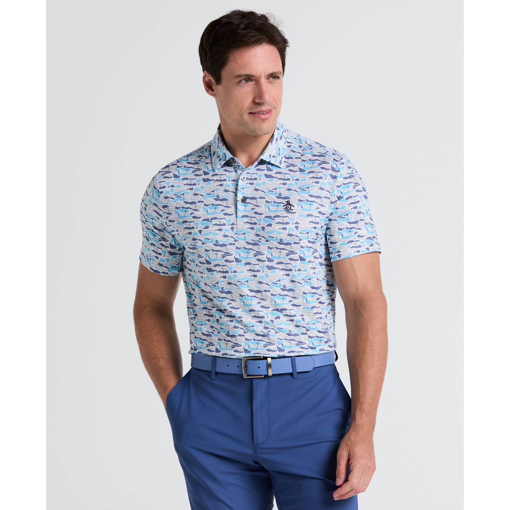 Original Penguin Polo Shirt Penguin Logo Golf Shirt Palm Tree Bunker Print Golf Polo Aquarius