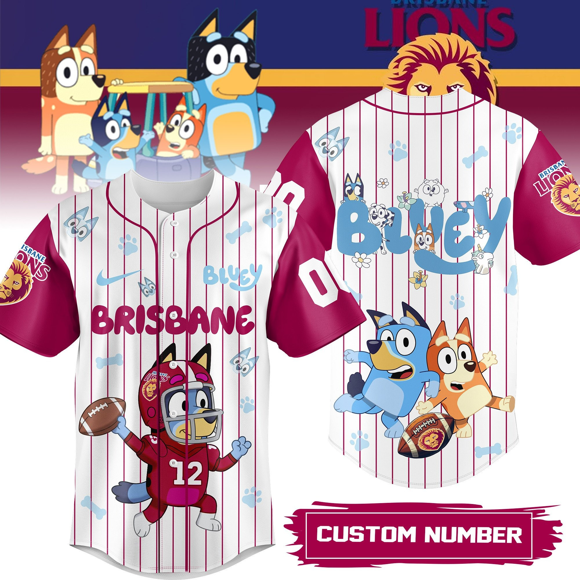 Personalized Brisbane Lions AFL X Bluey Baseball Jersey Brisbane Lions Merch Cool Gifts For Dad