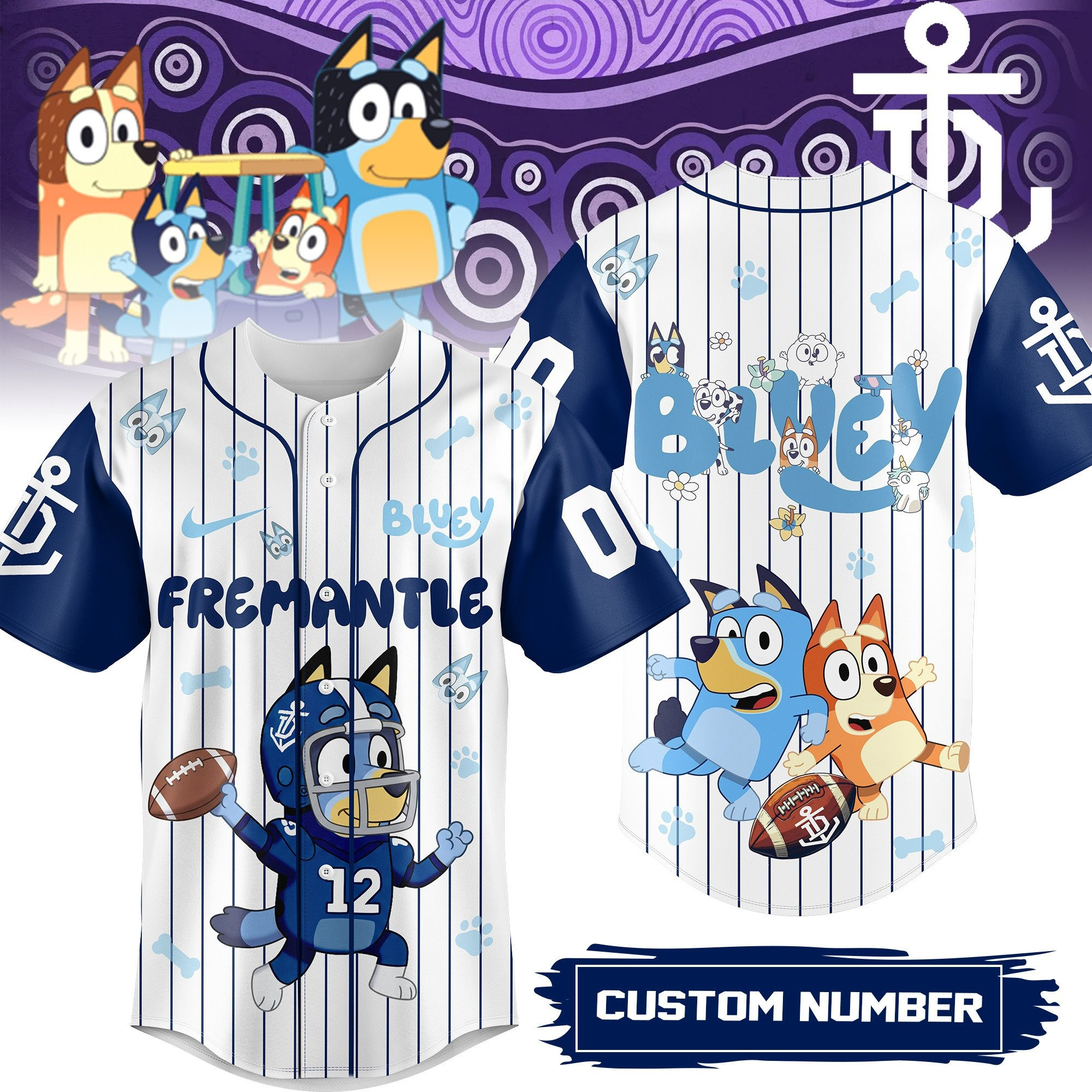 Personalized Fremantle Dockers AFL X Bluey Baseball Jersey Fremantle Dockers Merch