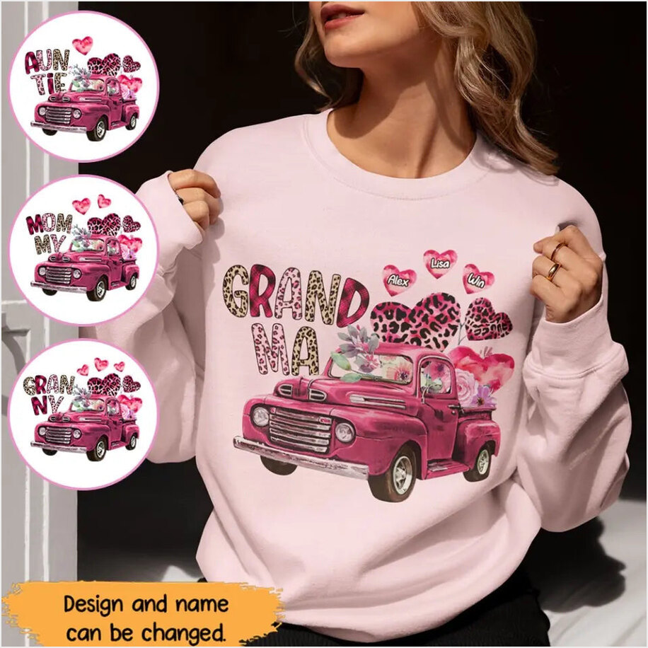 Personalized Grandma Heart Pink Car And Kid's Name Valentine's Day Sweatshirt Or Hoodie Mothers Day Gifts For Friends