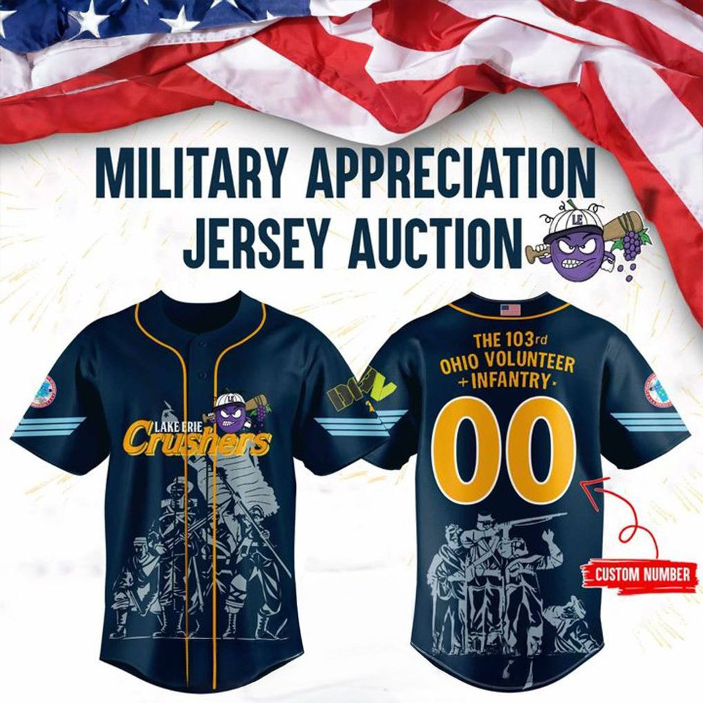 Personalized Lake Erie Crushers x Military Appreciation Baseball Jersey Dad Gifts