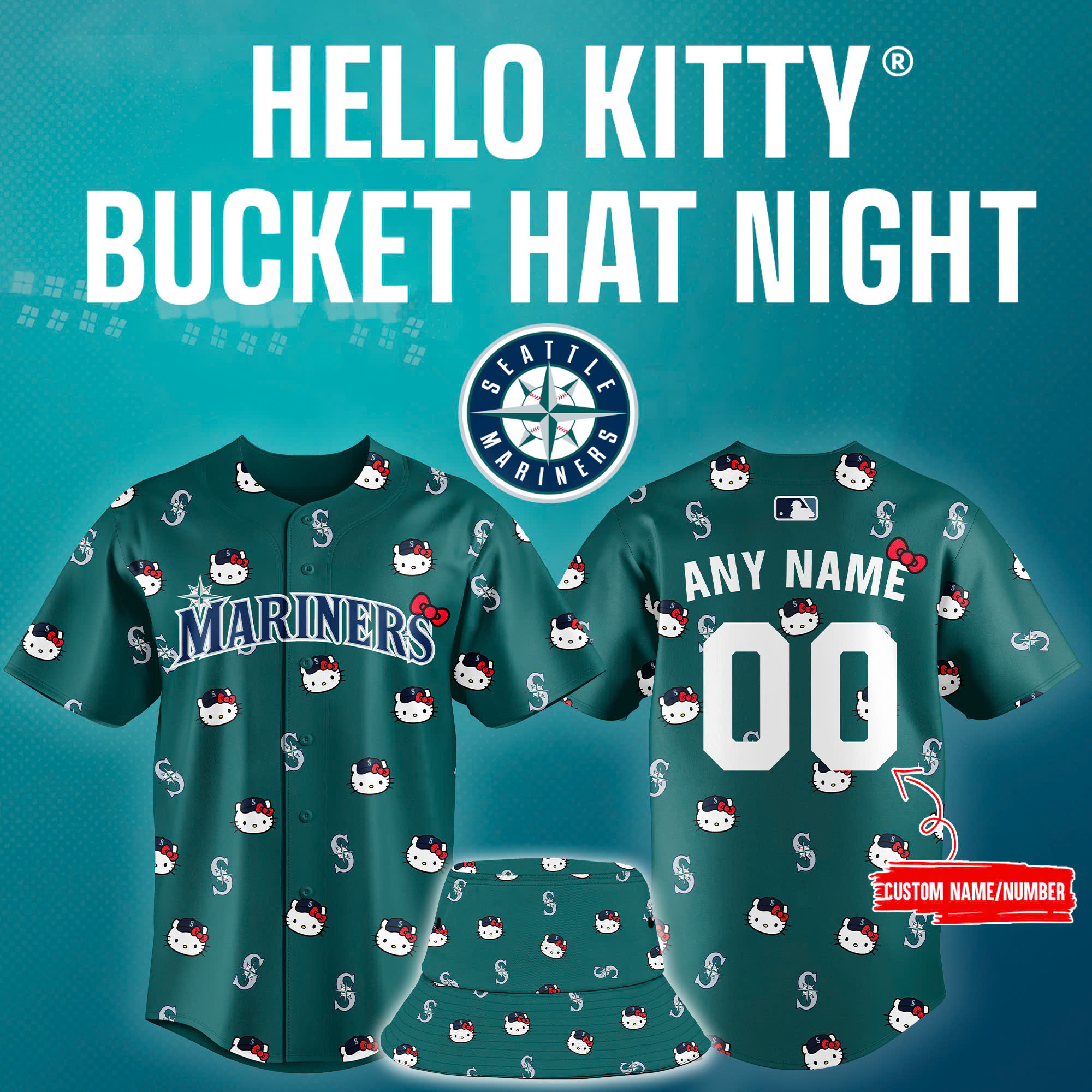 Personalized Seattle Mariners 2025 Hello Kitty Bucket Hat Night Combo Baseball Jersey Fan Gift