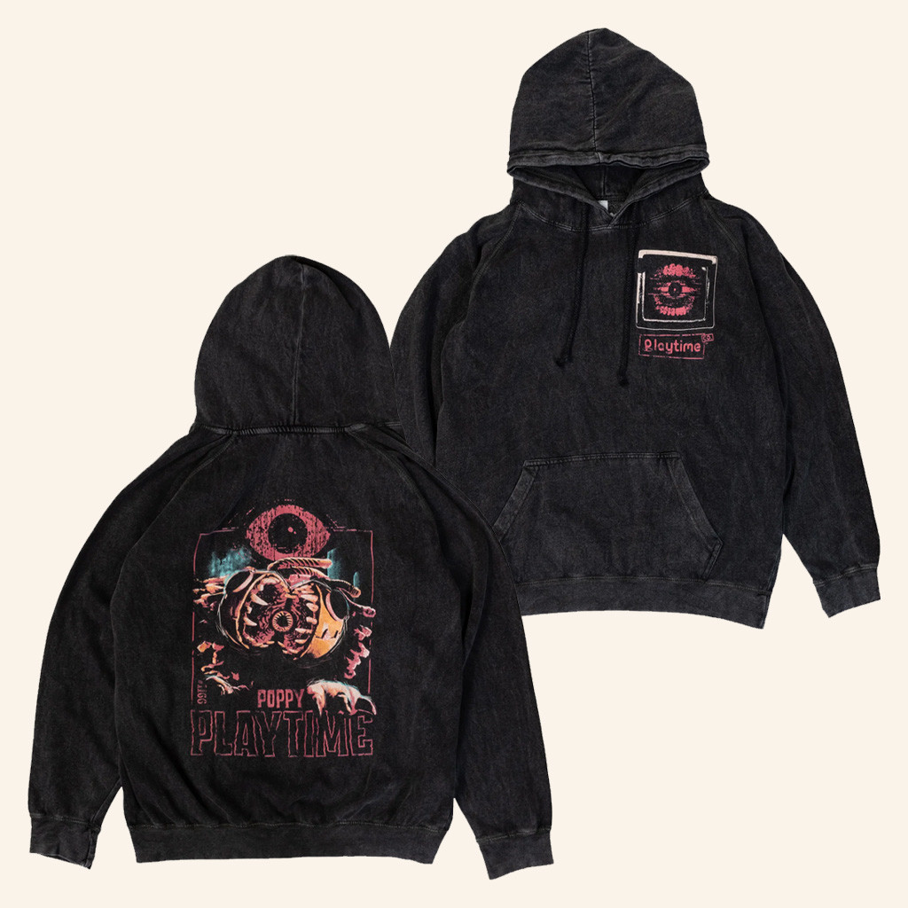 Poppy Playtime Merch Yarnaby And The Doctor Black Mineral Wash Drawstring Hoodie Gifts