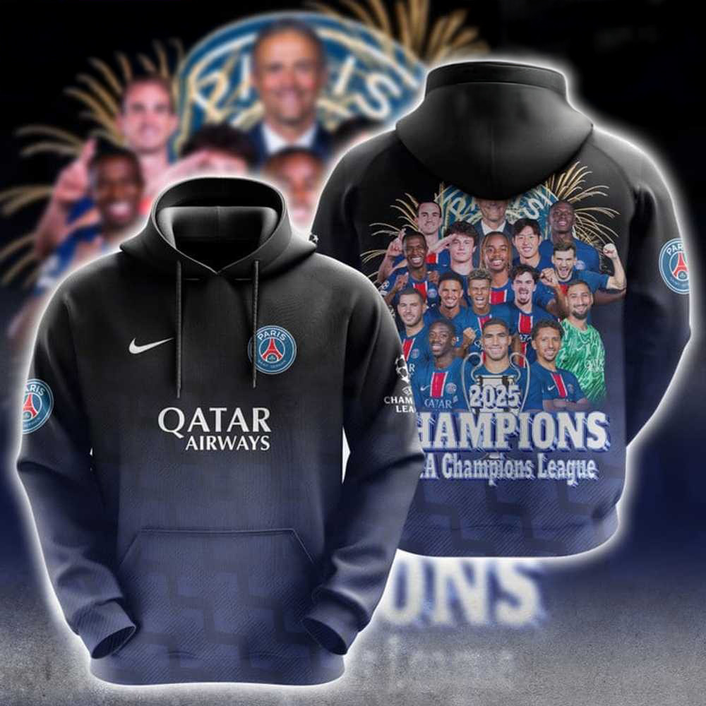 PSG Merch Paris Saint-Germain Champions Hoodie 2025 UEFA Champions League Team Photo Apparel