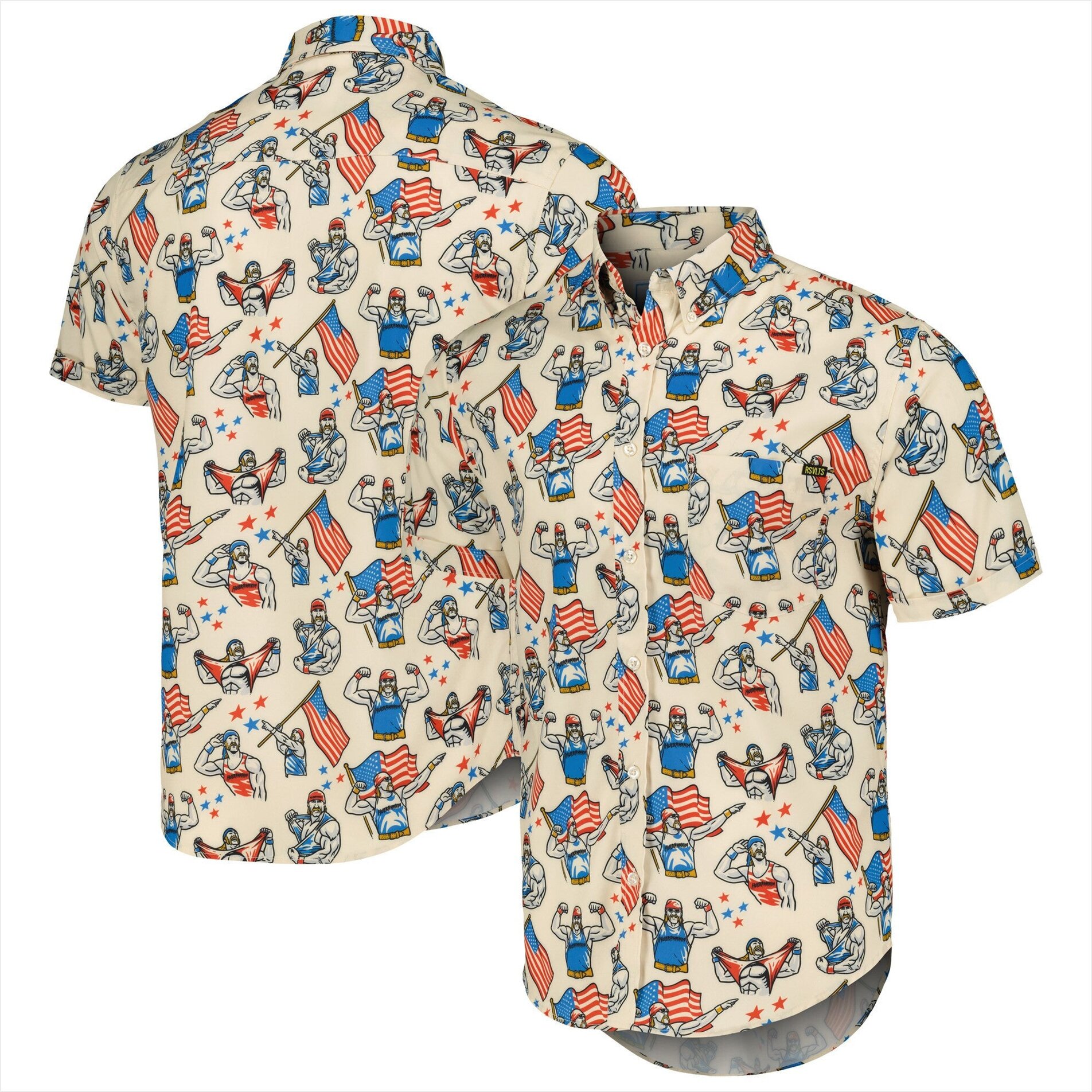 Rsvlts Tan Hulk Hogan Wrestlemania Series 3 Kunuflex Buttondown Short Sleeve Shirt Hulk Hogan Merch