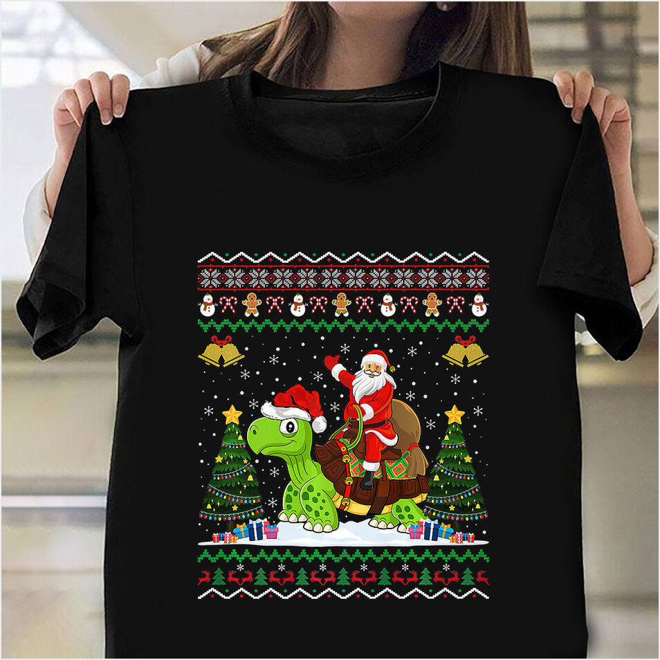 Santa Riding Turtle Christmas Shirt Turtle Lovers Ugly Christmas Sweater T-Shirt Xmas Gifts