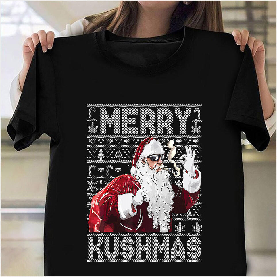 Santa Smoking Merry Kushmas Ugly Christmas Sweater T-Shirt Xmas Birthday Gift Ideas 2024