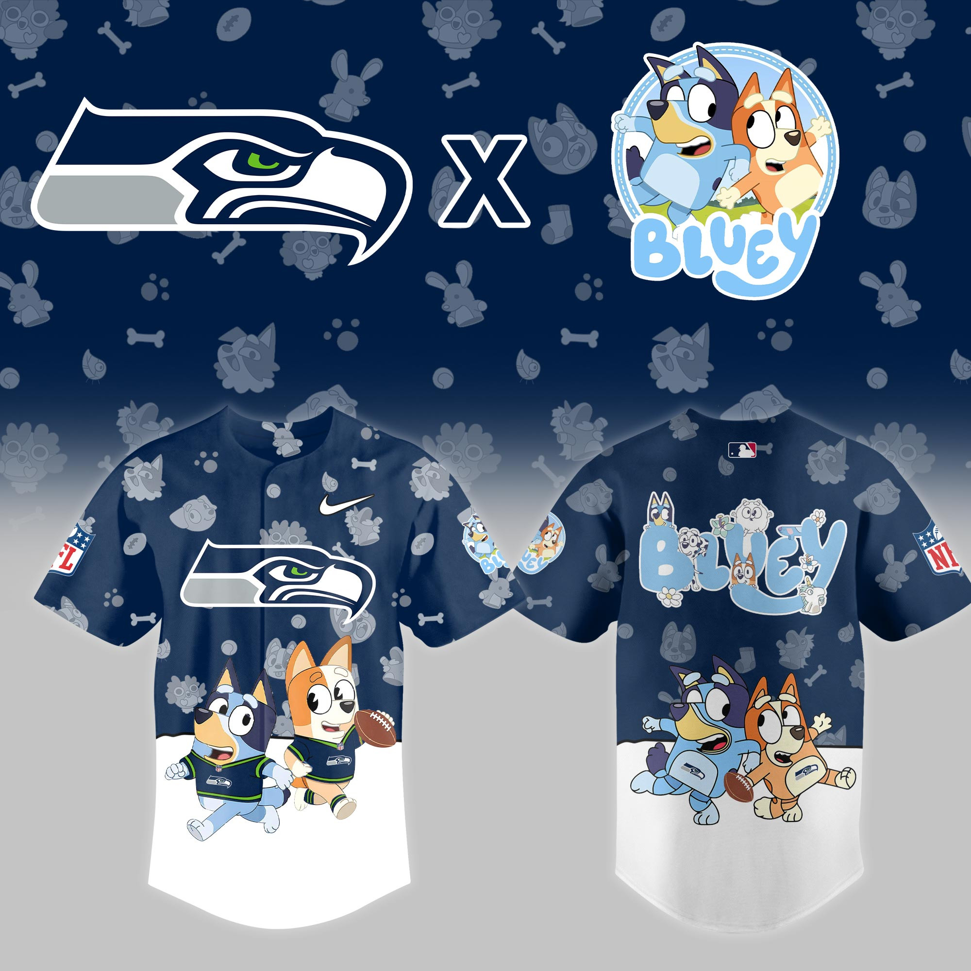 Seattle Seahawks Nfl X Bluey Night Baseball Jersey For Fans