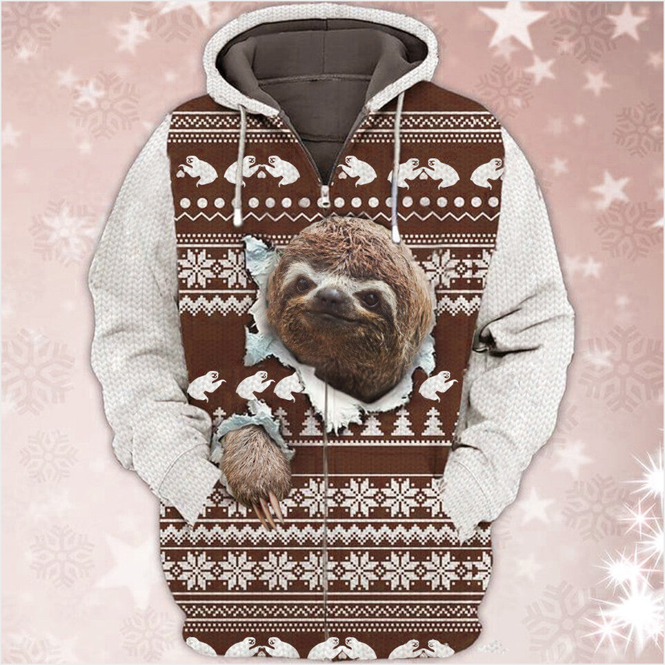 Sloth Ugly Christmas Sweater Zip Hoodie Xmas 2024 Holiday Clothes Sloth Lovers Birthday Gifts