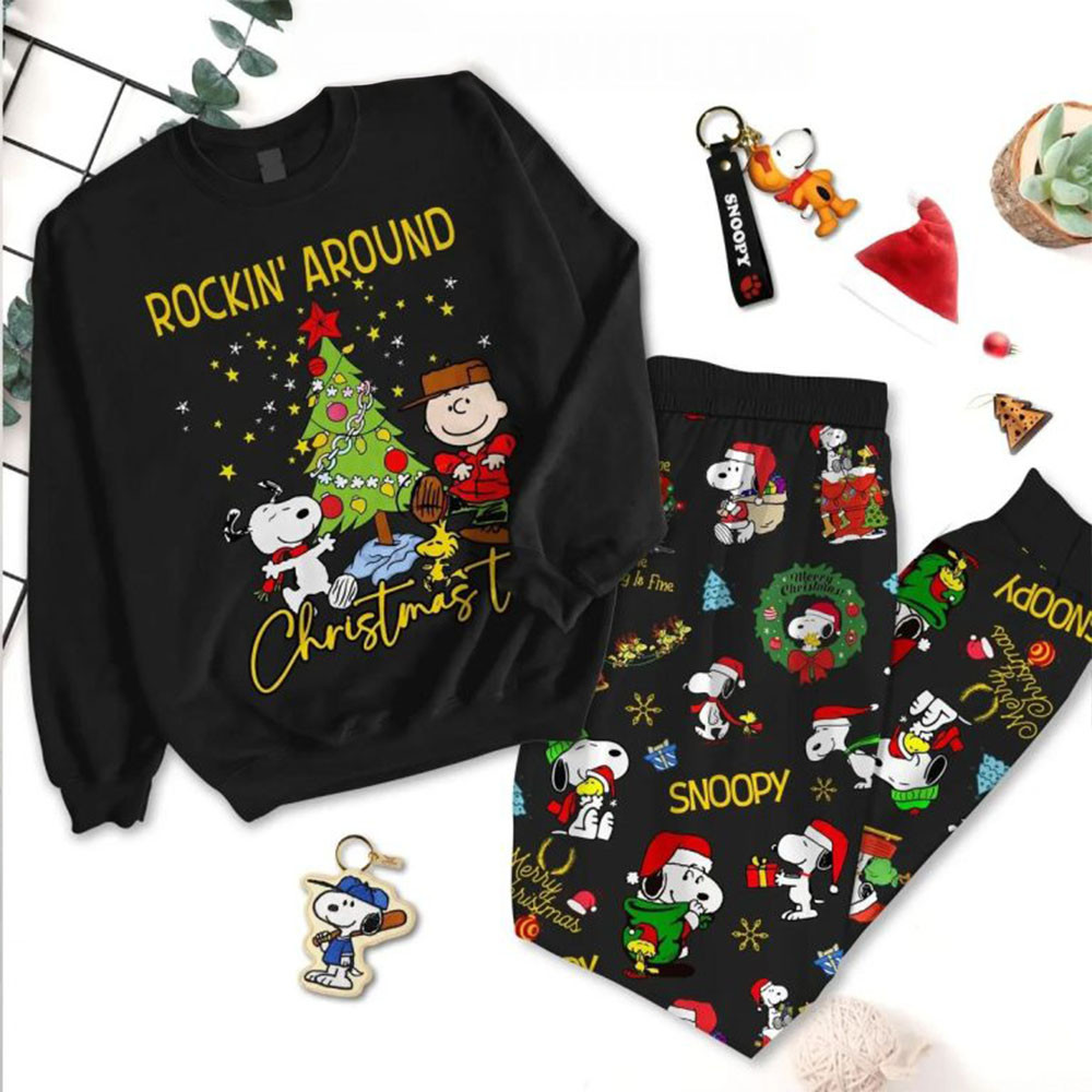 Snoopy Rockin Around Christmas Peanuts 2024 Tree Pajamas Set Gifts For Movie Fanst Gifts For Rapper Fans