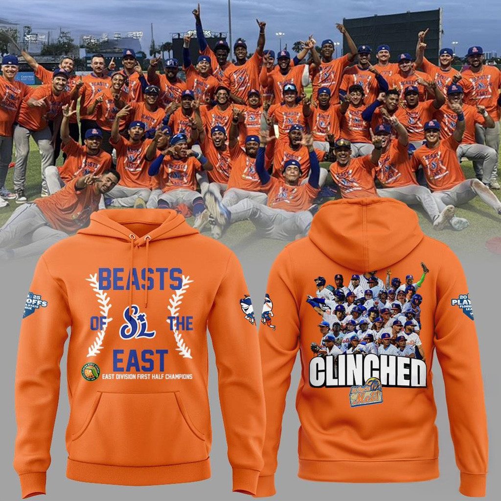 St Lucie Mets East Division First Half Championship 2025 Orange Hoodie St Lucie Mets Merch
