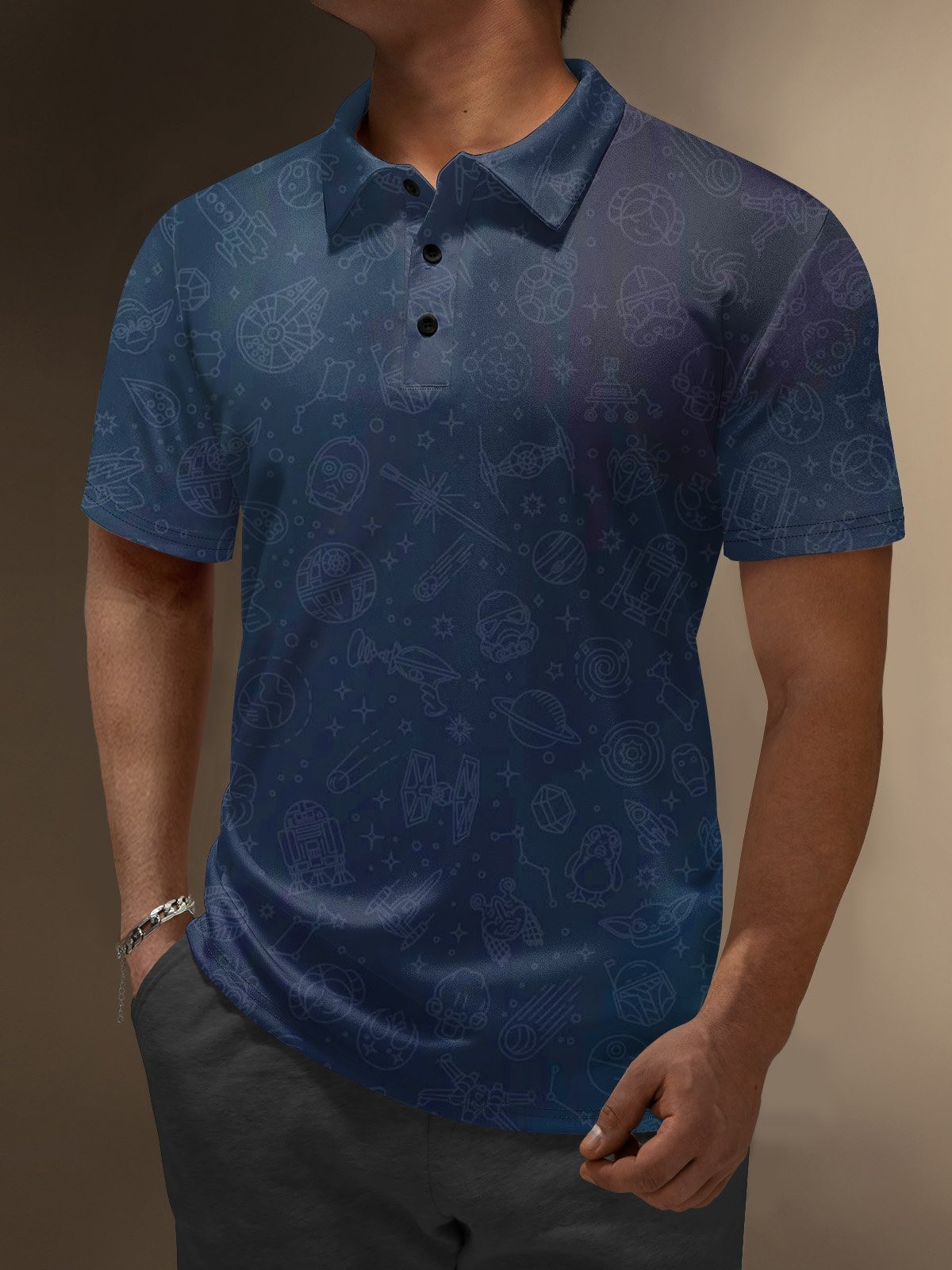 Stars Spaceship Planet Gradient Color Golf Polo