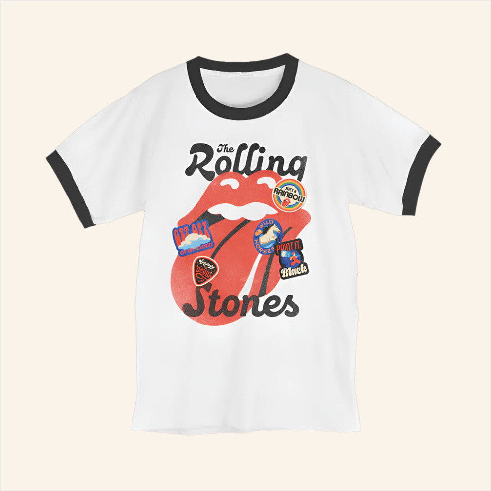 Stickered Tongue Ringer T-Shirt The Rolling Stones Merch Birthday Gifts For Girlfriend