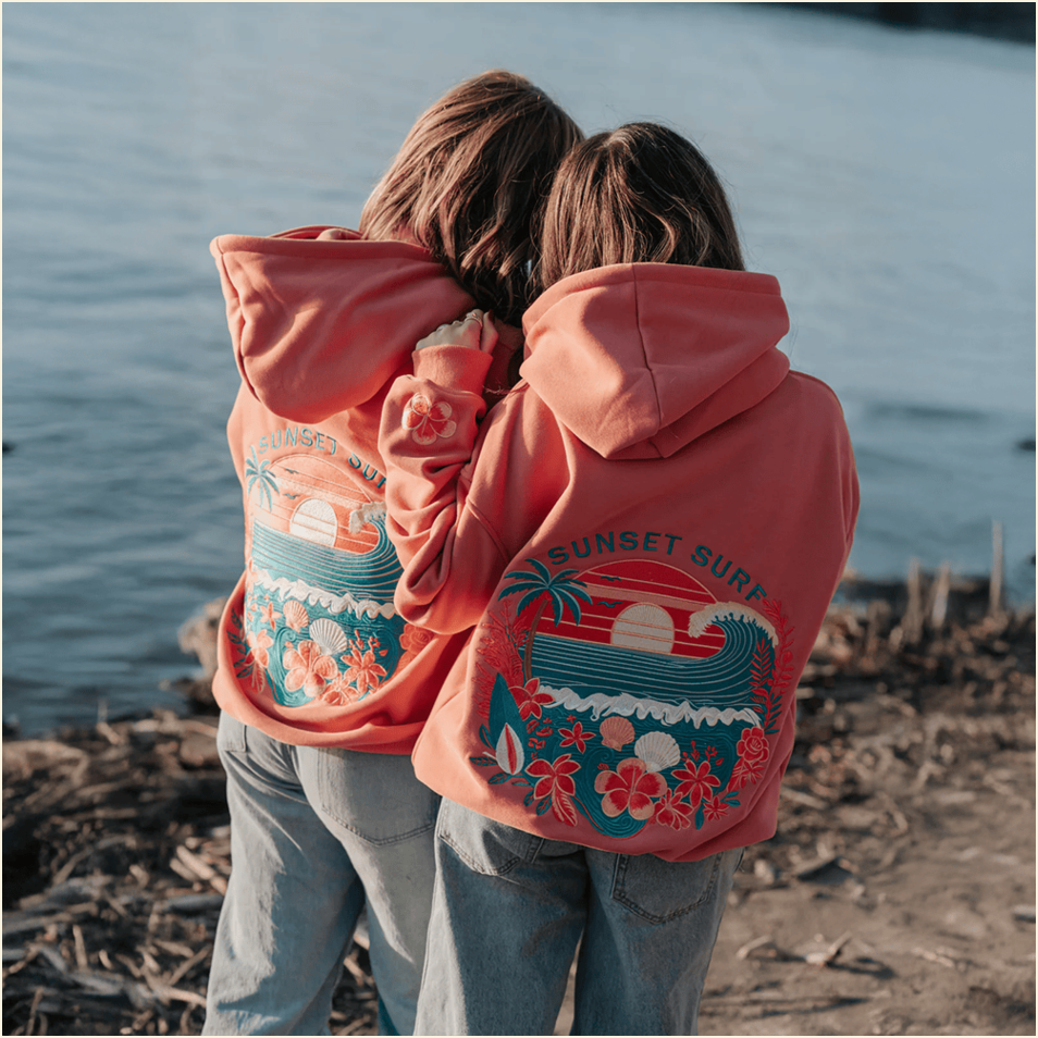 Sunset Surf Hoodie Printed Coral Hibiscus Hoodie Sunset Surf Merch Best Friend Birthday Gifts