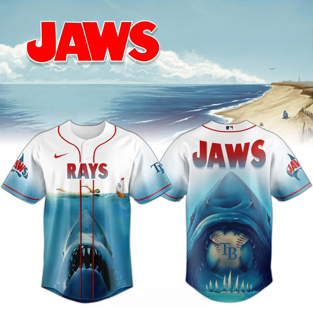 Tampa Bay Rays X Jaws 50Th Anniversary Jersey 2025 Tampa Bay Rays Merch Fans Gift Ideas
