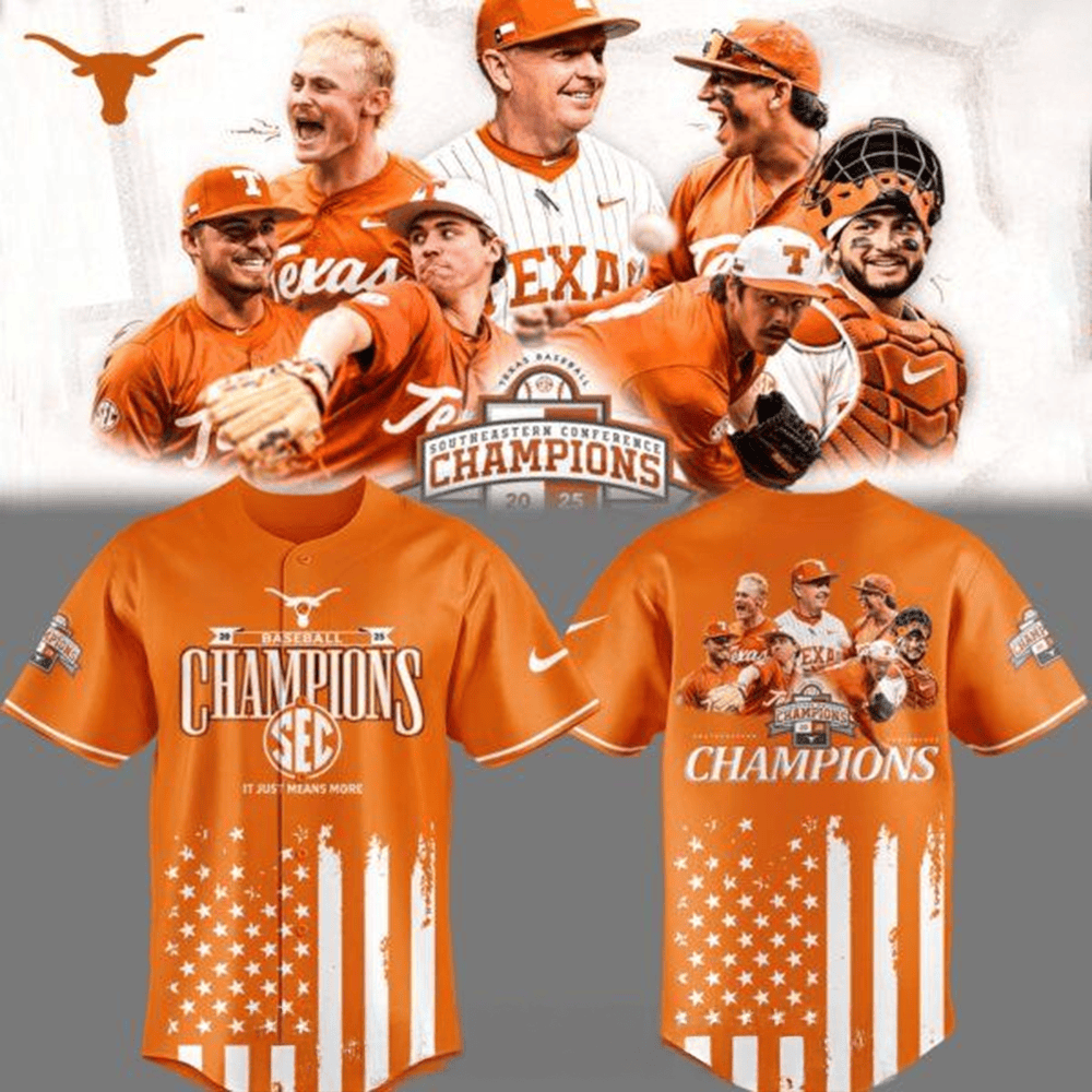 Texas Longhorns Tournament Champions 2025 Orange Baseball Jersey Texas Longhorns Merch