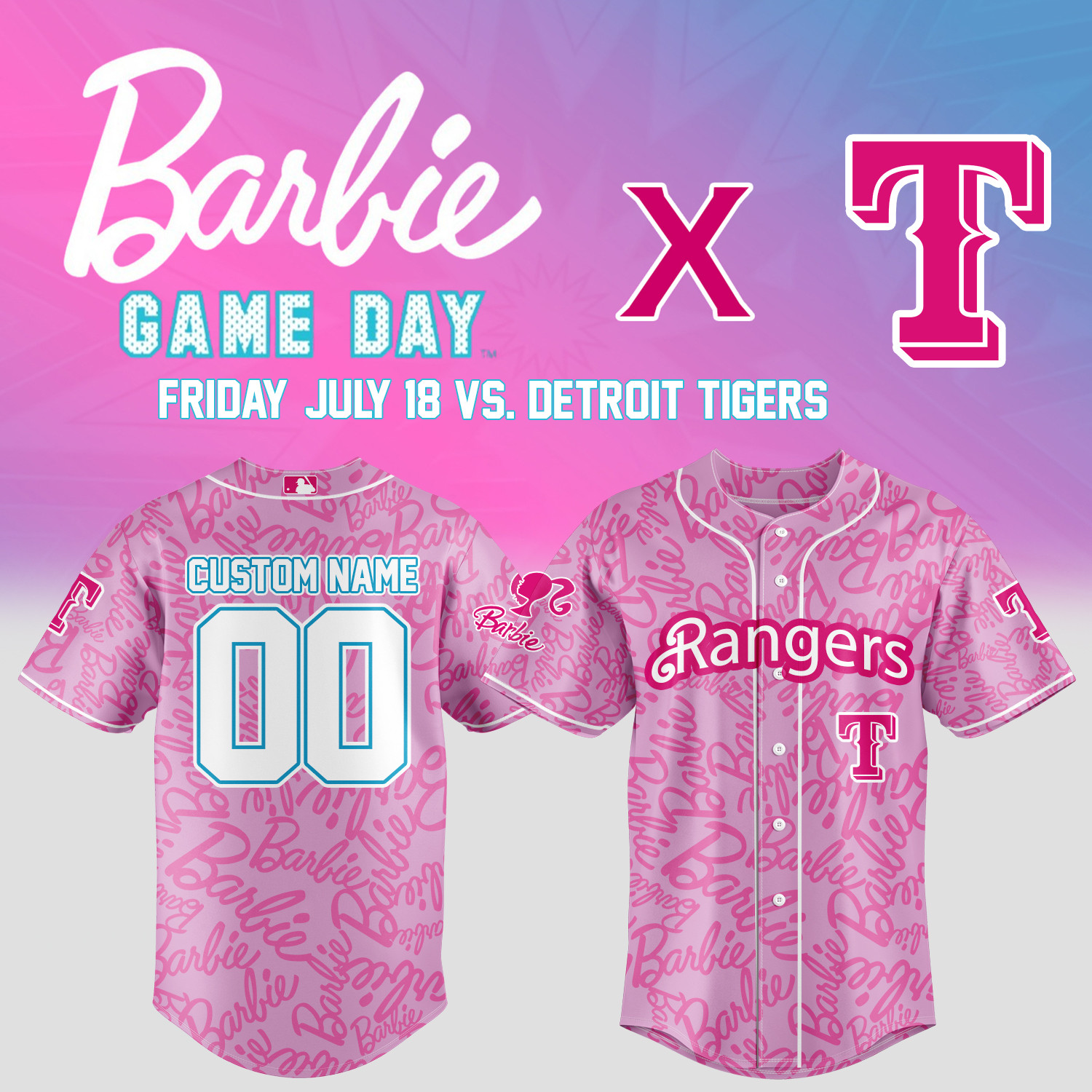 Texas Rangers Barbie Pink Jersey 2025 Custom Name Number Baseball Lover Gift Ideas