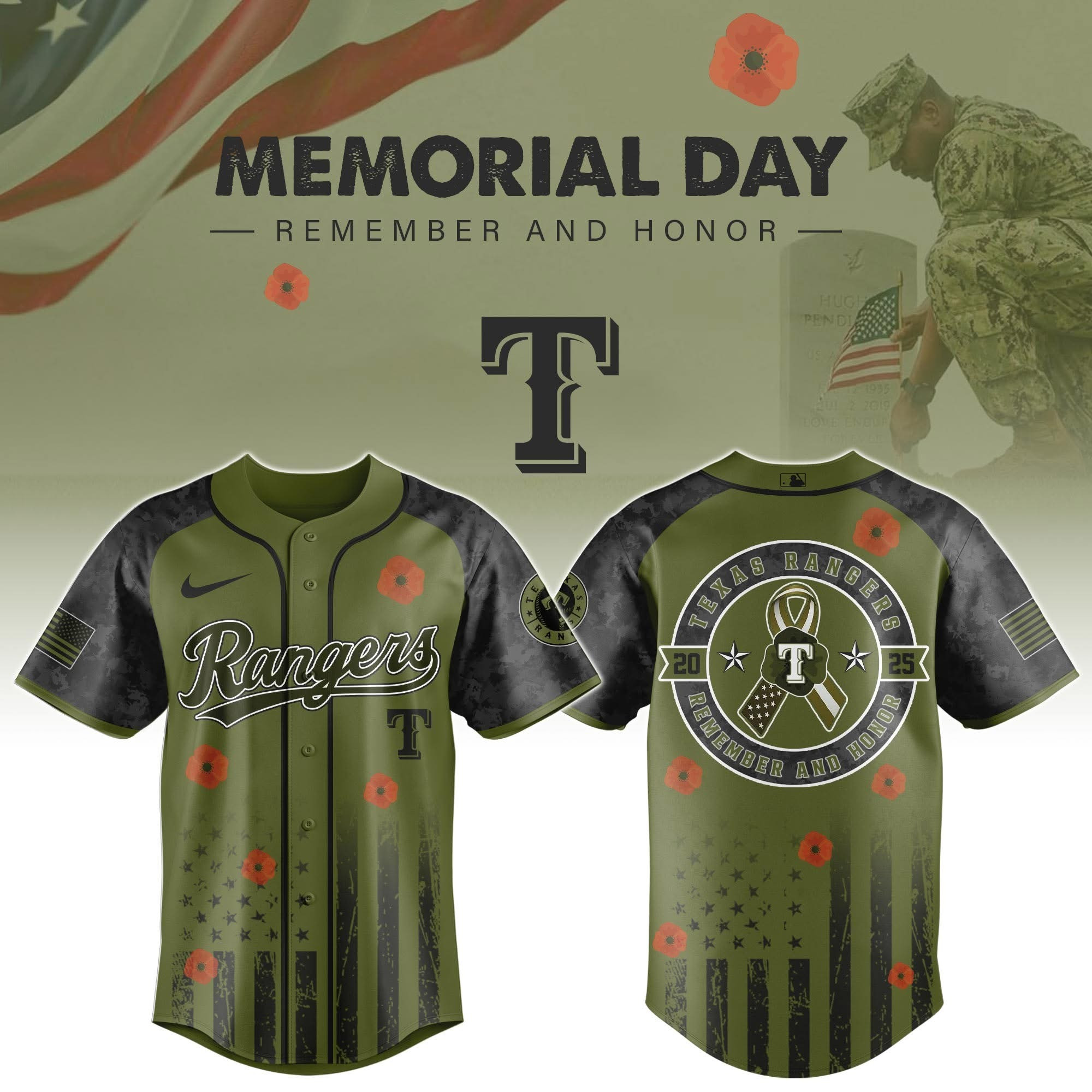 Texas Rangers MLB x Army Military Memorial Day Appreciation Night Jersey Texas Rangers Merch
