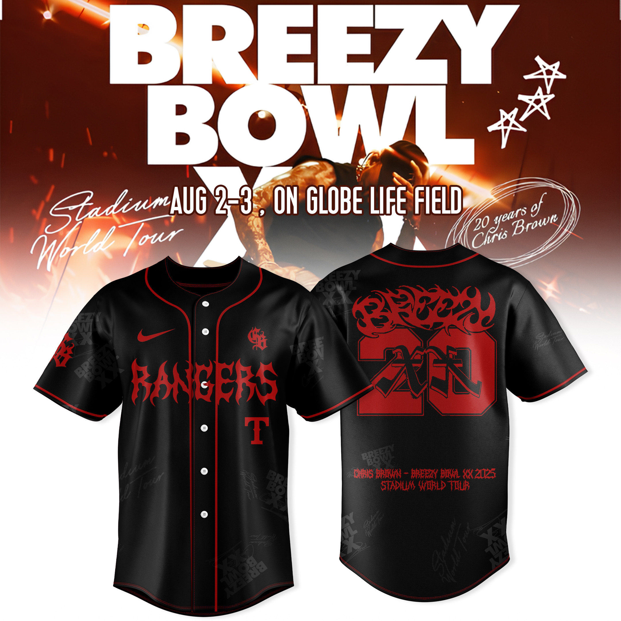 Texas Rangers X Breezy Bowl Xx Tour 2025 Jersey Chris Brown Stadium World Tour Fans Merch