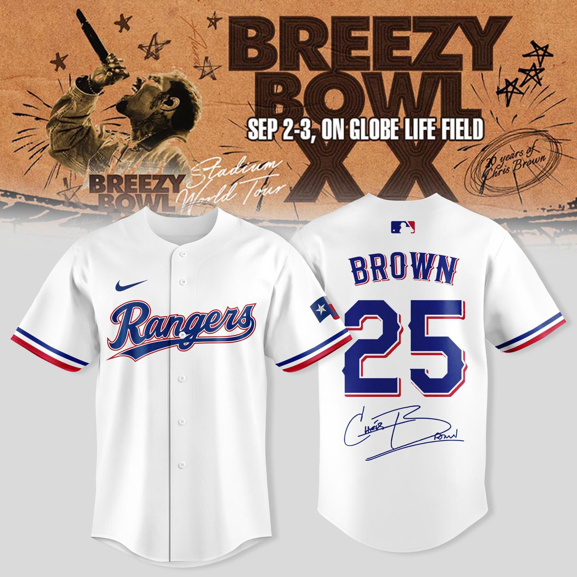 Texas Rangers X Chris Brown Jersey Breezy Bowl Xx 2025 Stadium Tour Fans Merch