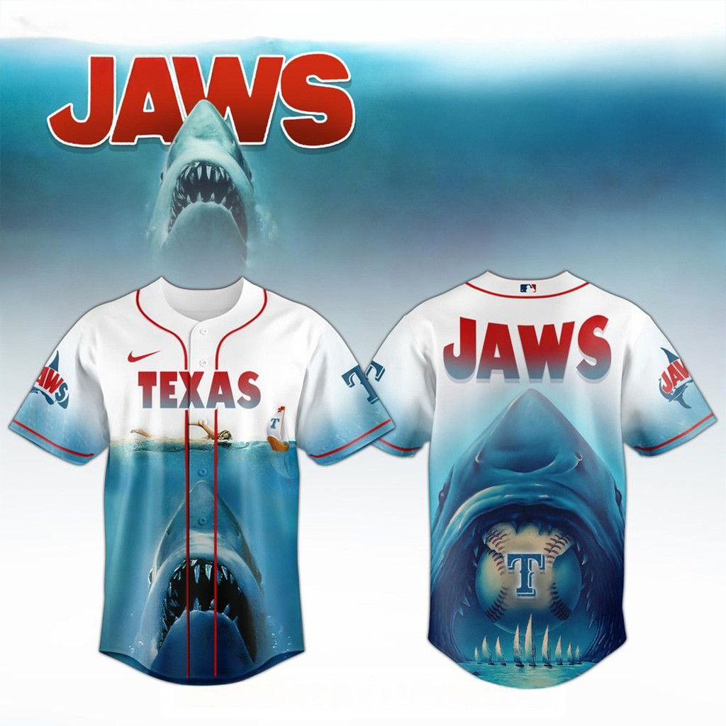 Texas Rangers X Jaws 50Th Anniversary Jersey 2025 Texas Rangers Merch Baseball Enthusiast Gifts