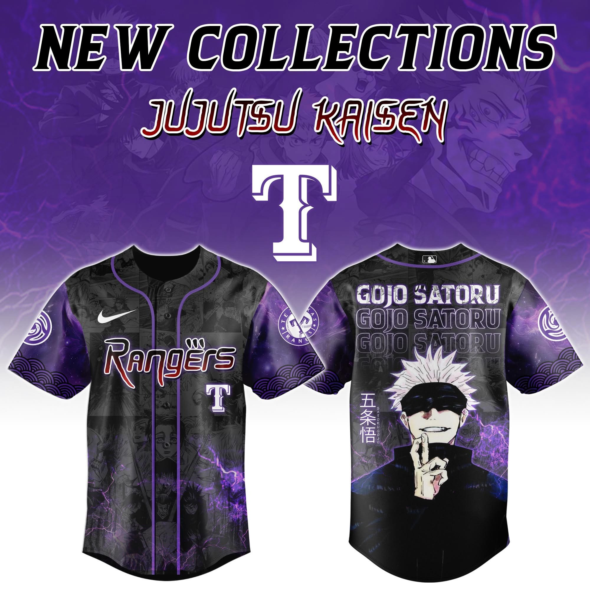 Texas Rangers x Jujutsu Kaisen Night Gojo Satoru Jersey Texas Rangers Merch Gifts For Fans