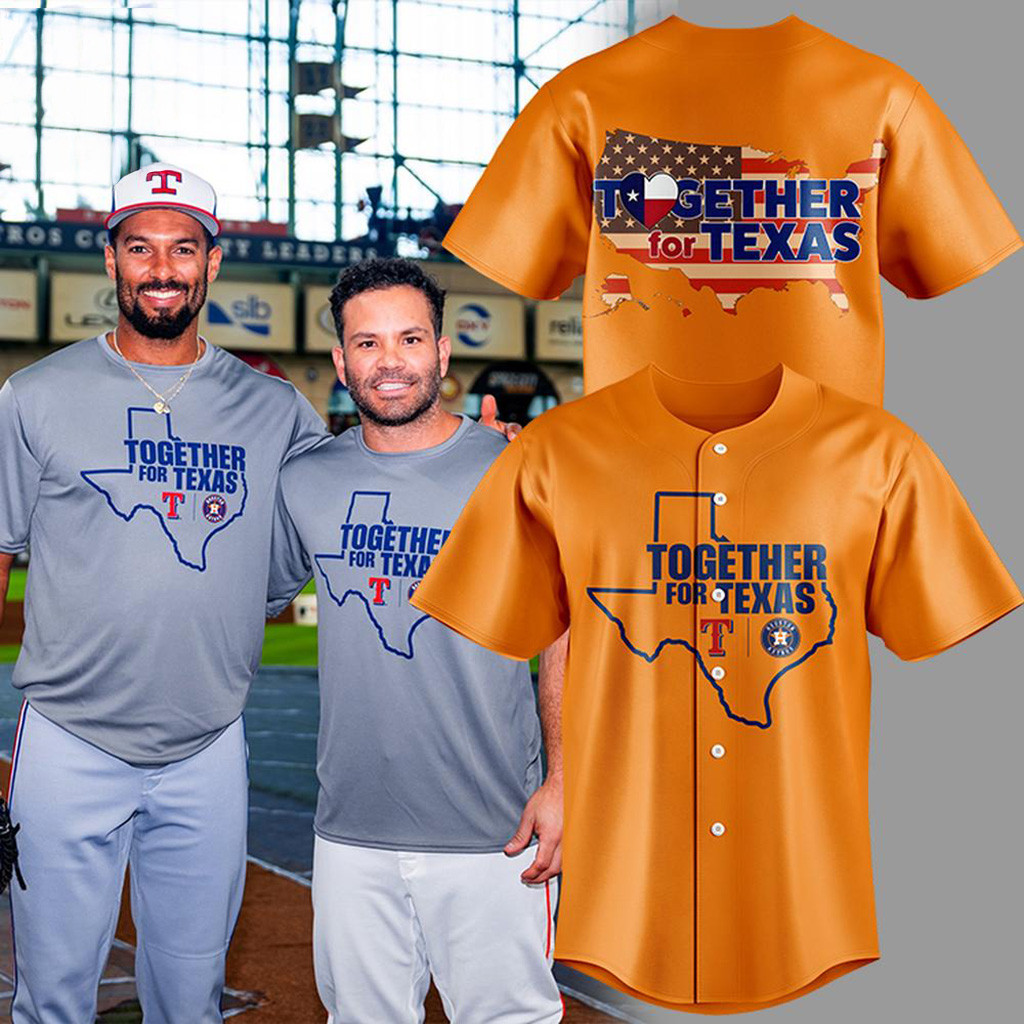 Together For Texas 2025 Orange Baseball Jersey Houston Texans Merch Texas Strong Gifts For Fans