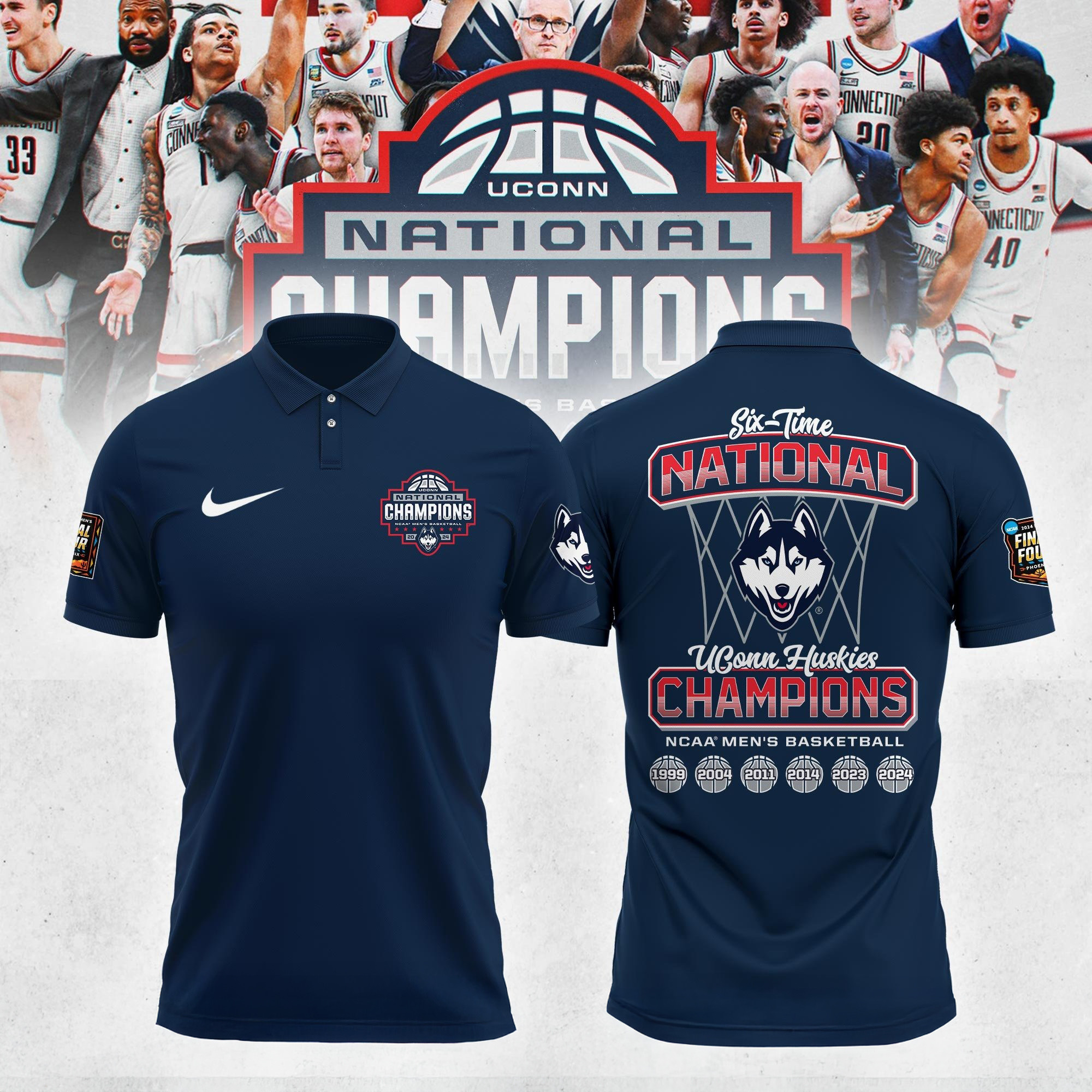 UConn Huskies 6 Time NCAA Men's Basketball National Champions Polo Shirt Gifts For Dad