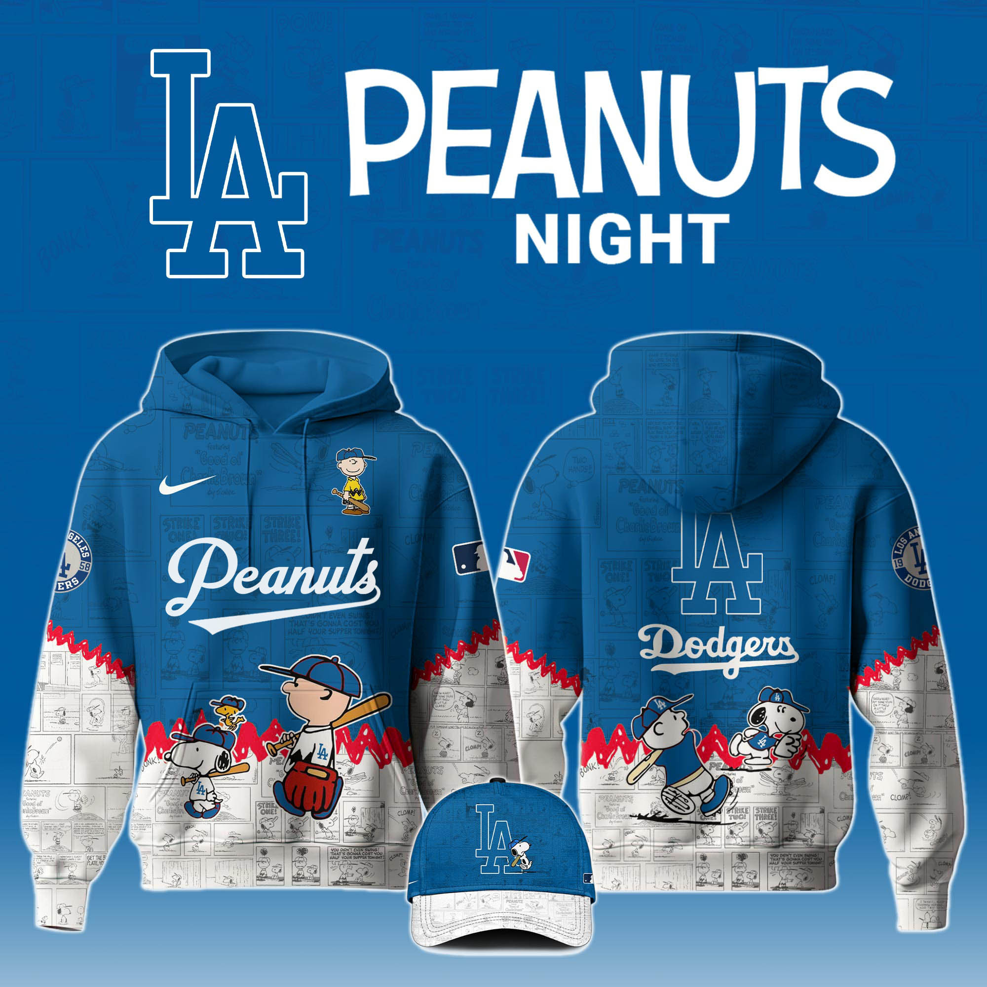 Unisex Los Angeles Dodgers Peanuts 75th Anniversary Hoodie Gift Fot Peanuts Lovers